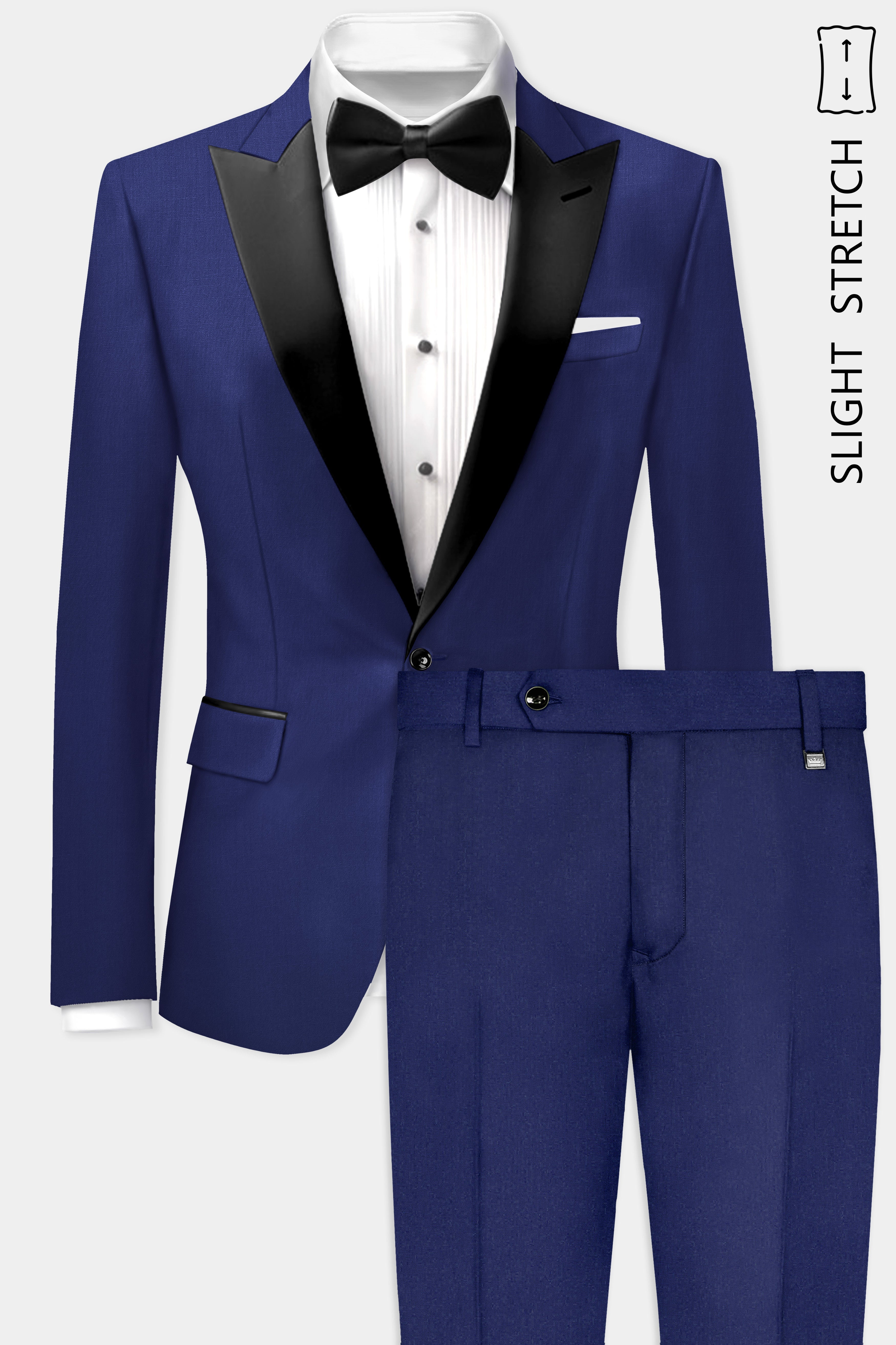 Celestia-Blue Solid Wool Rich Peak Lapel Tuxedo Slight Stretch Suit