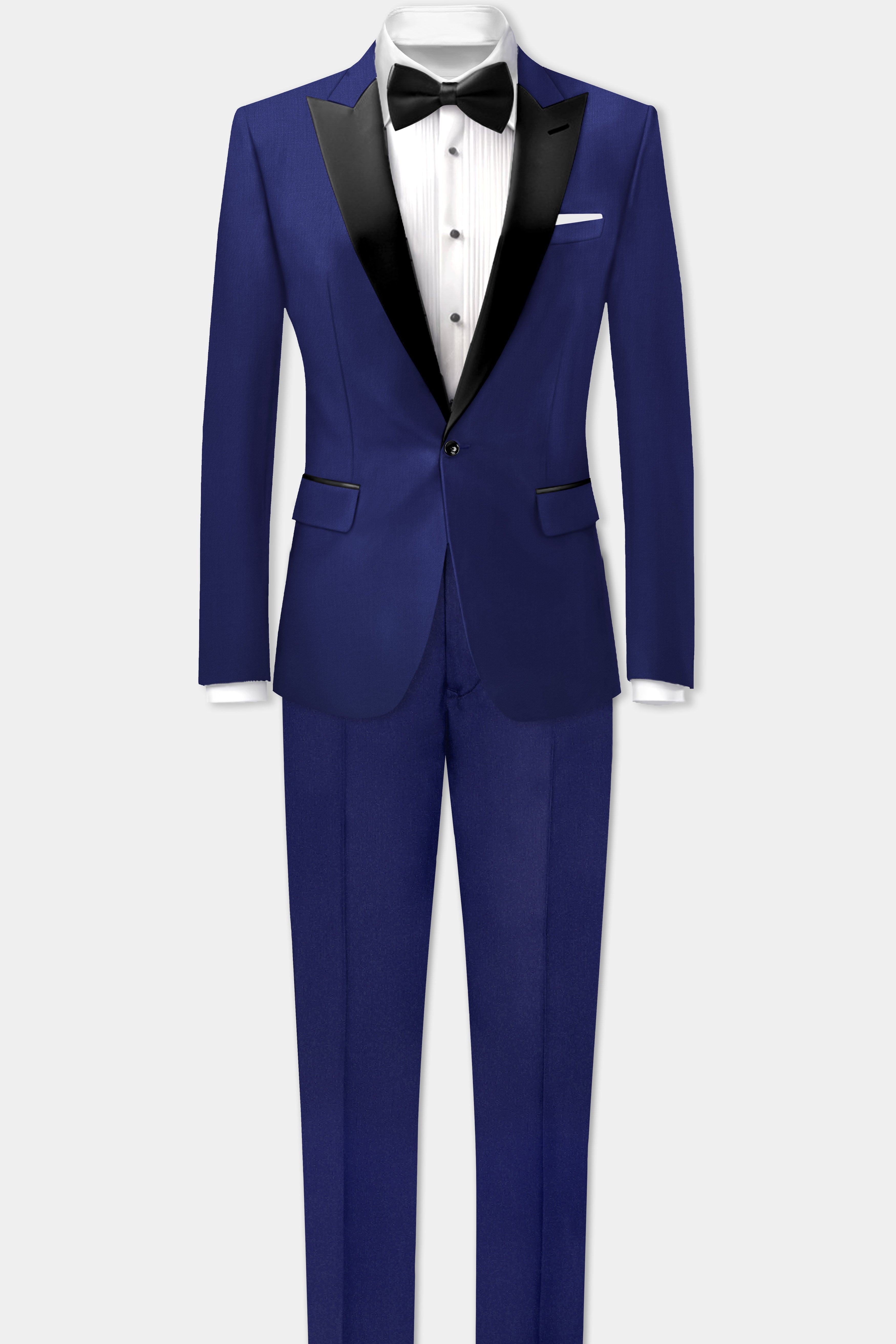 Celestia-Blue Solid Wool Rich Peak Lapel Tuxedo Slight Stretch Suit