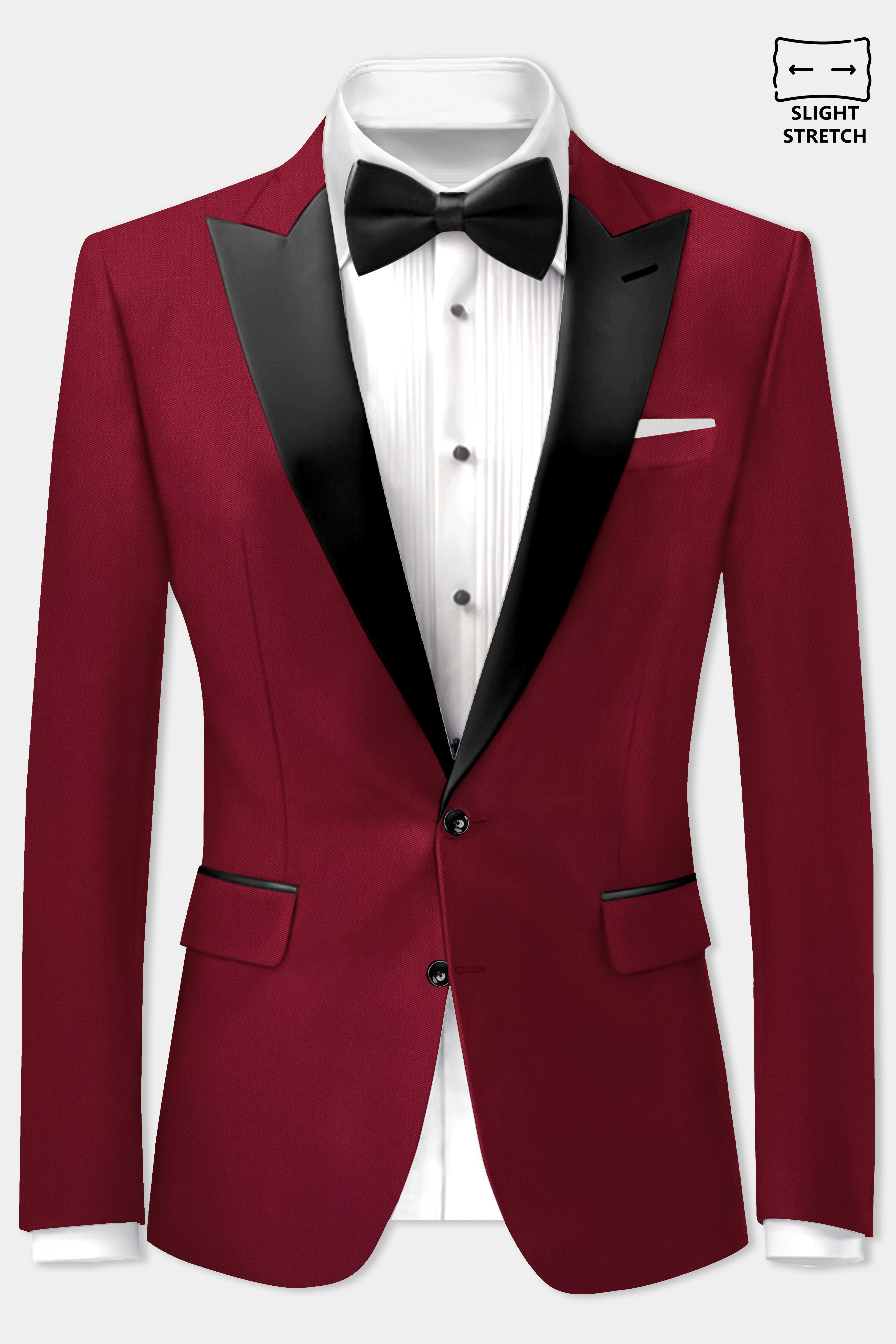 CrimsonAce-Cherry Red Solid Wool Rich Peak Lapel Tuxedo Slight Stretch Suit