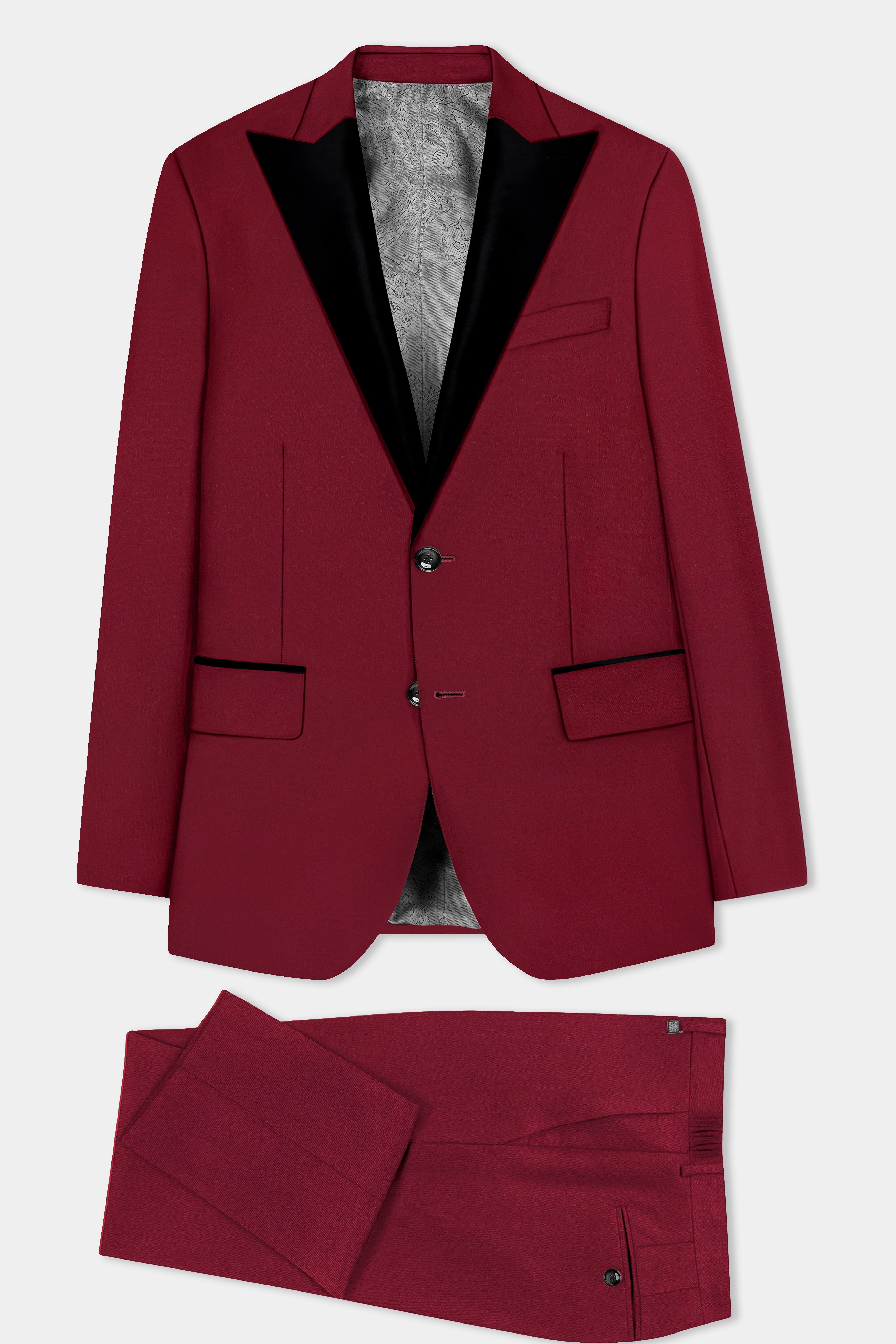 CrimsonAce-Cherry Red Solid Wool Rich Peak Lapel Tuxedo Slight Stretch Suit