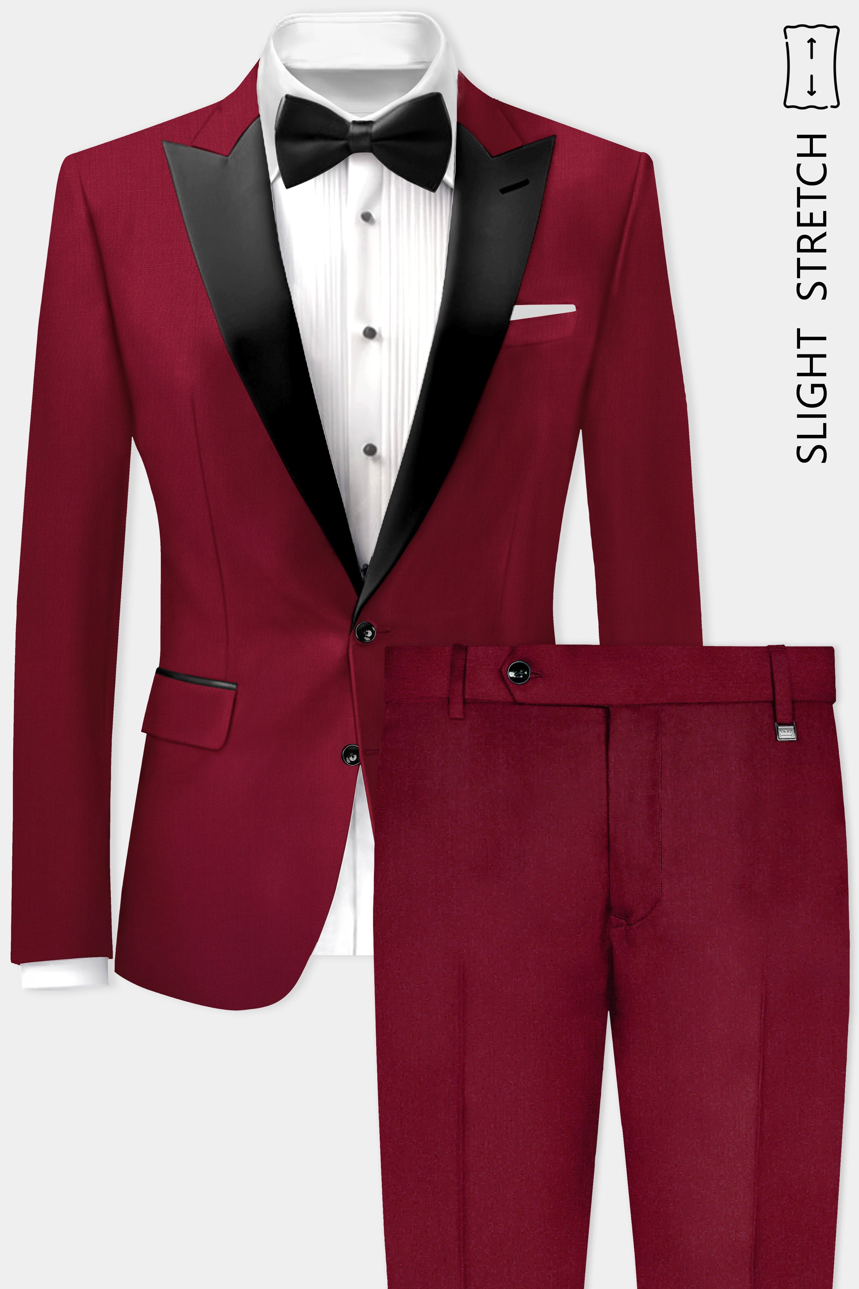 CrimsonAce-Cherry Red Solid Wool Rich Peak Lapel Tuxedo Slight Stretch Suit