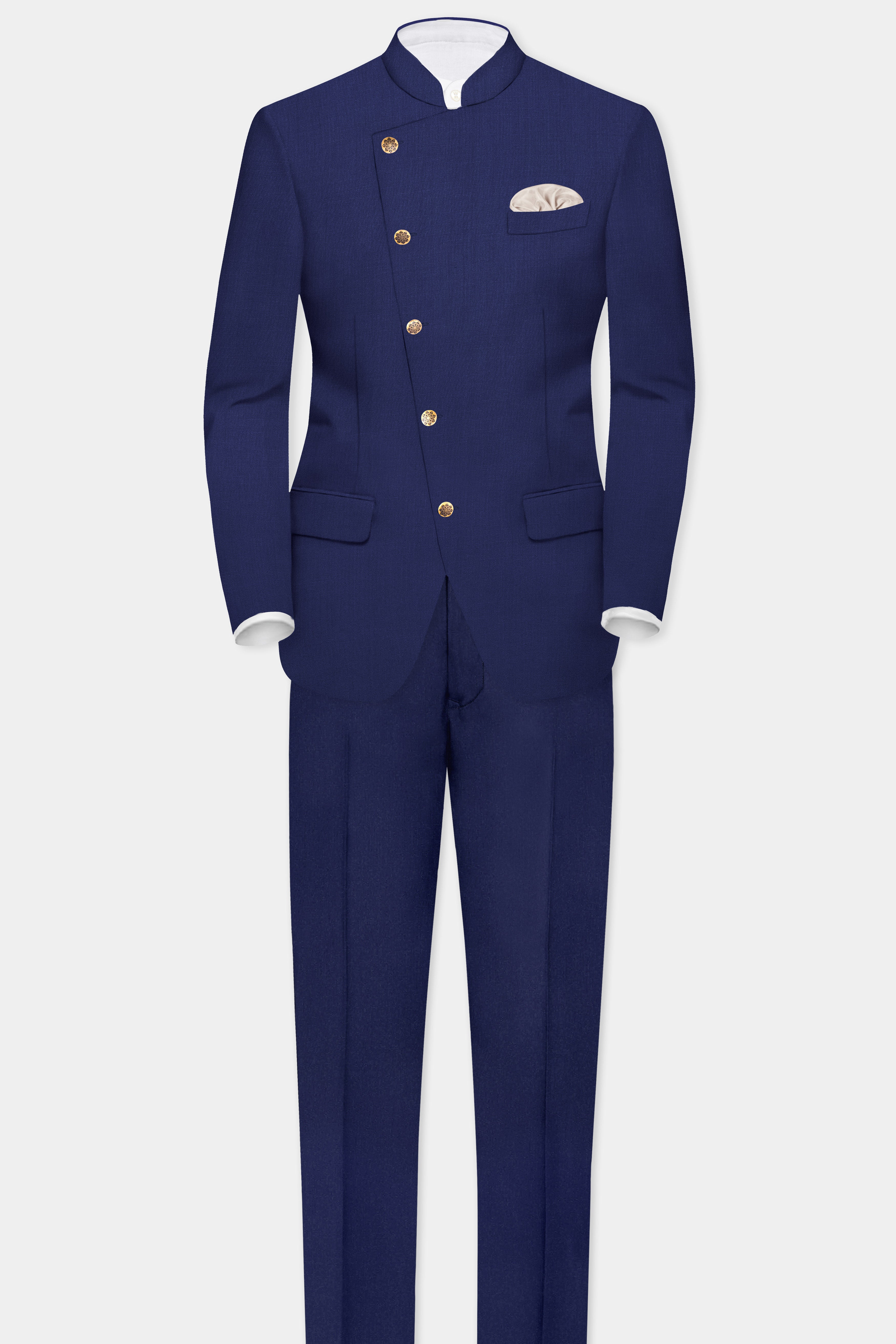 Celestia-Blue Solid Wool Rich Cross Placket Bandhgala Slight Stretch Suit