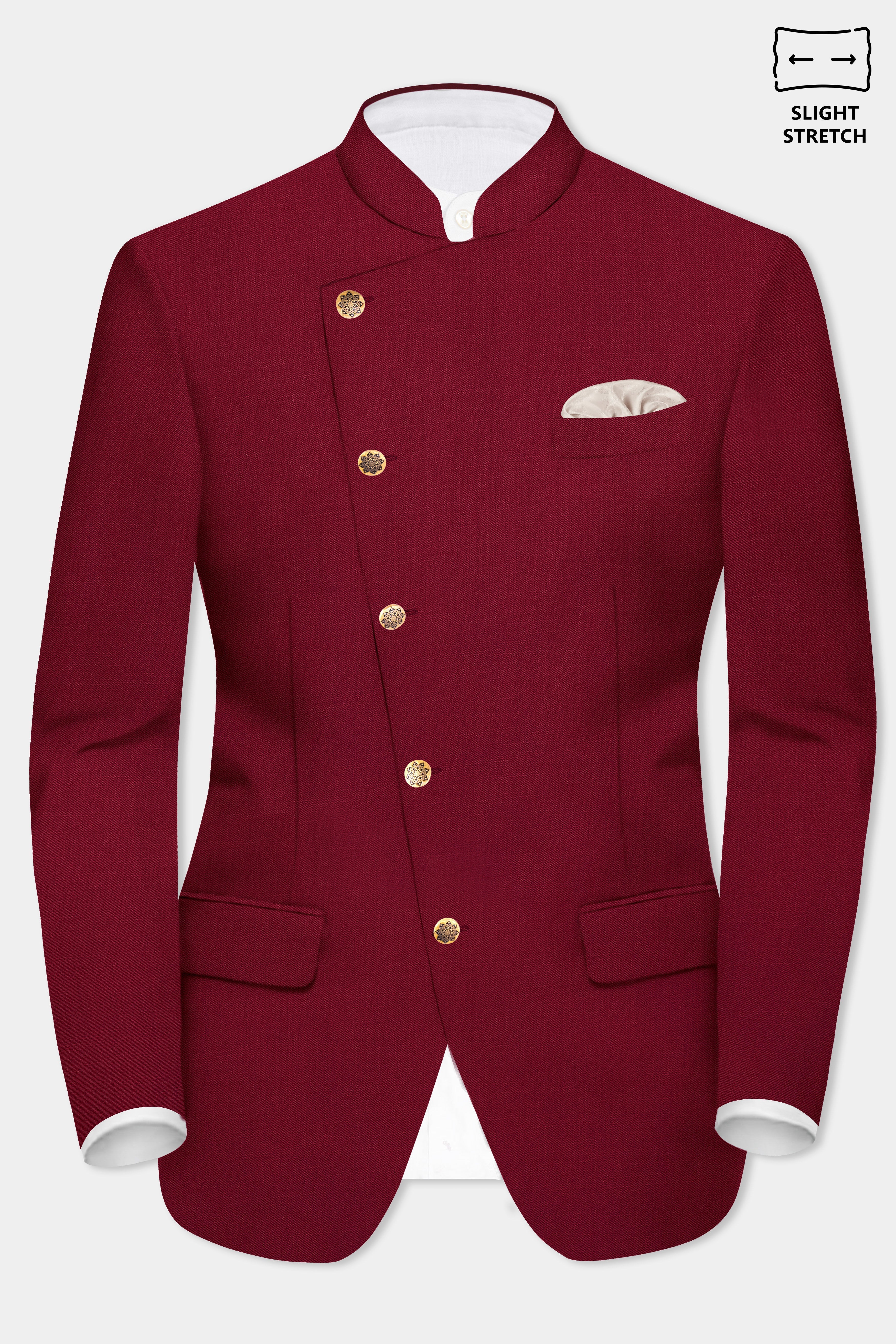 CrimsonAce-Cherry Red Solid Wool Rich Cross Placket Bandhgala Slight Stretch Suit