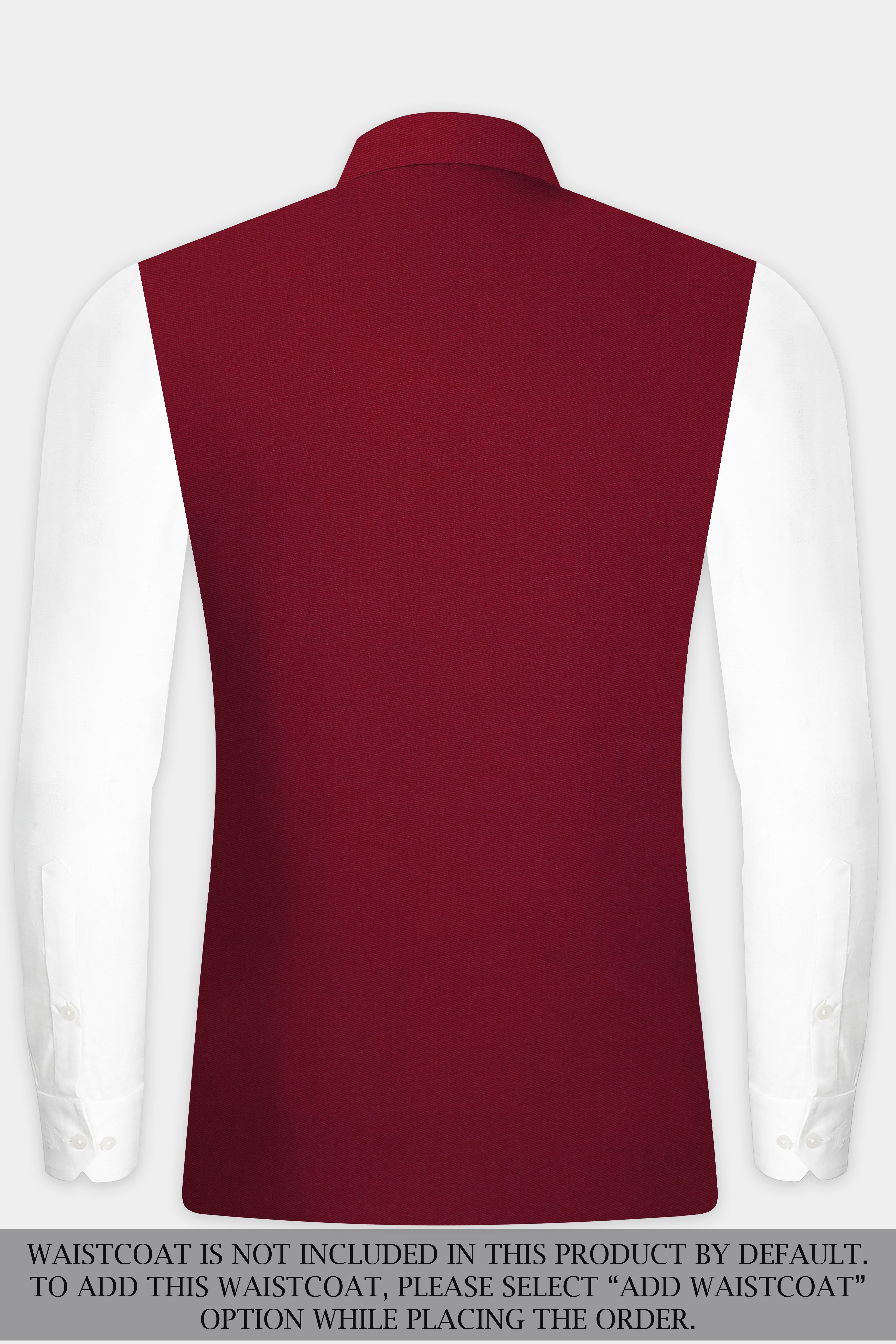 CrimsonAce-Cherry Red Solid Wool Rich Cross Placket Bandhgala Slight Stretch Suit