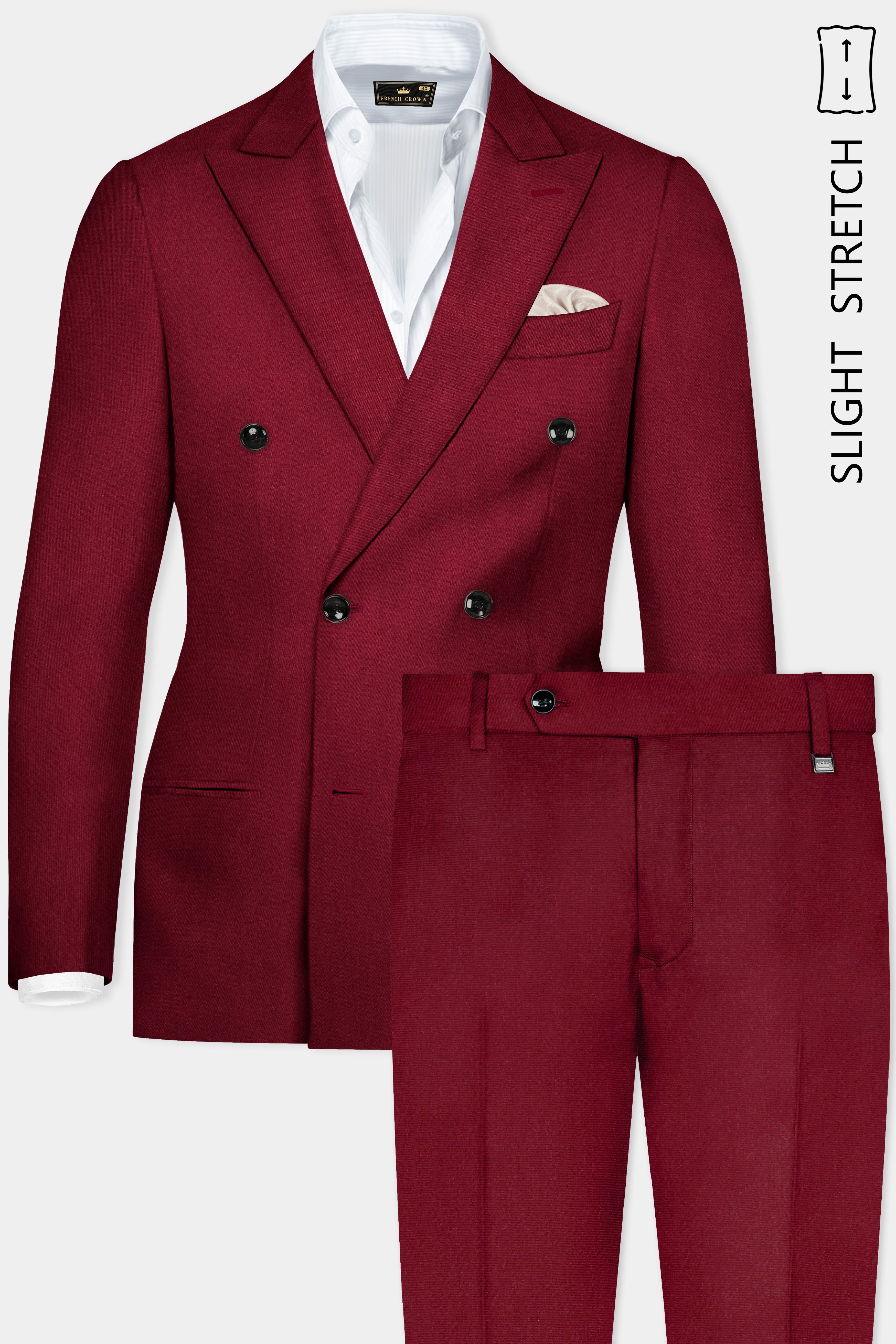 CrimsonAce-Cherry Red Solid Wool Rich Double Breasted Slight Stretch Suit