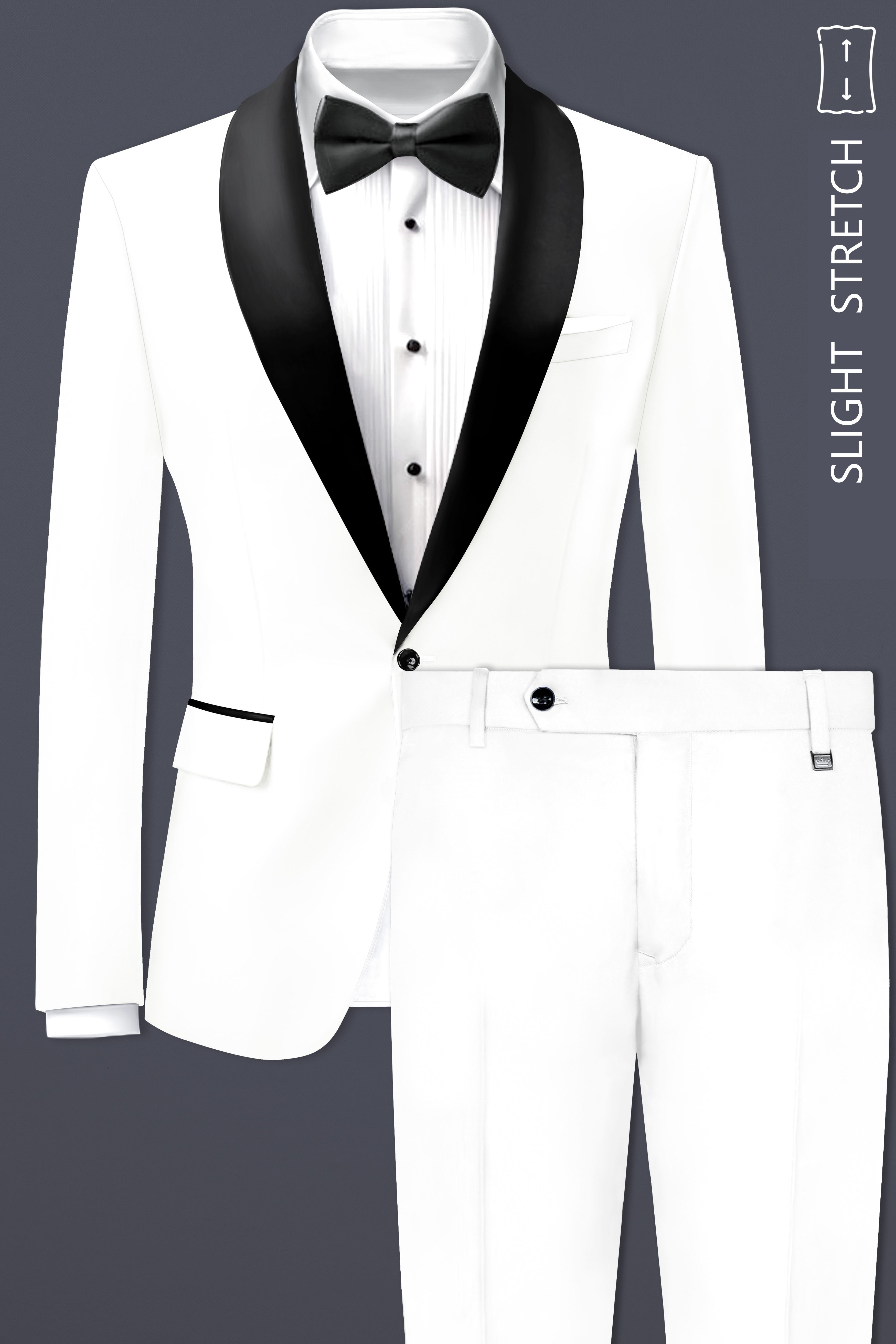 Off White Solid Wool Rich Tuxedo Slight Stretch Suit