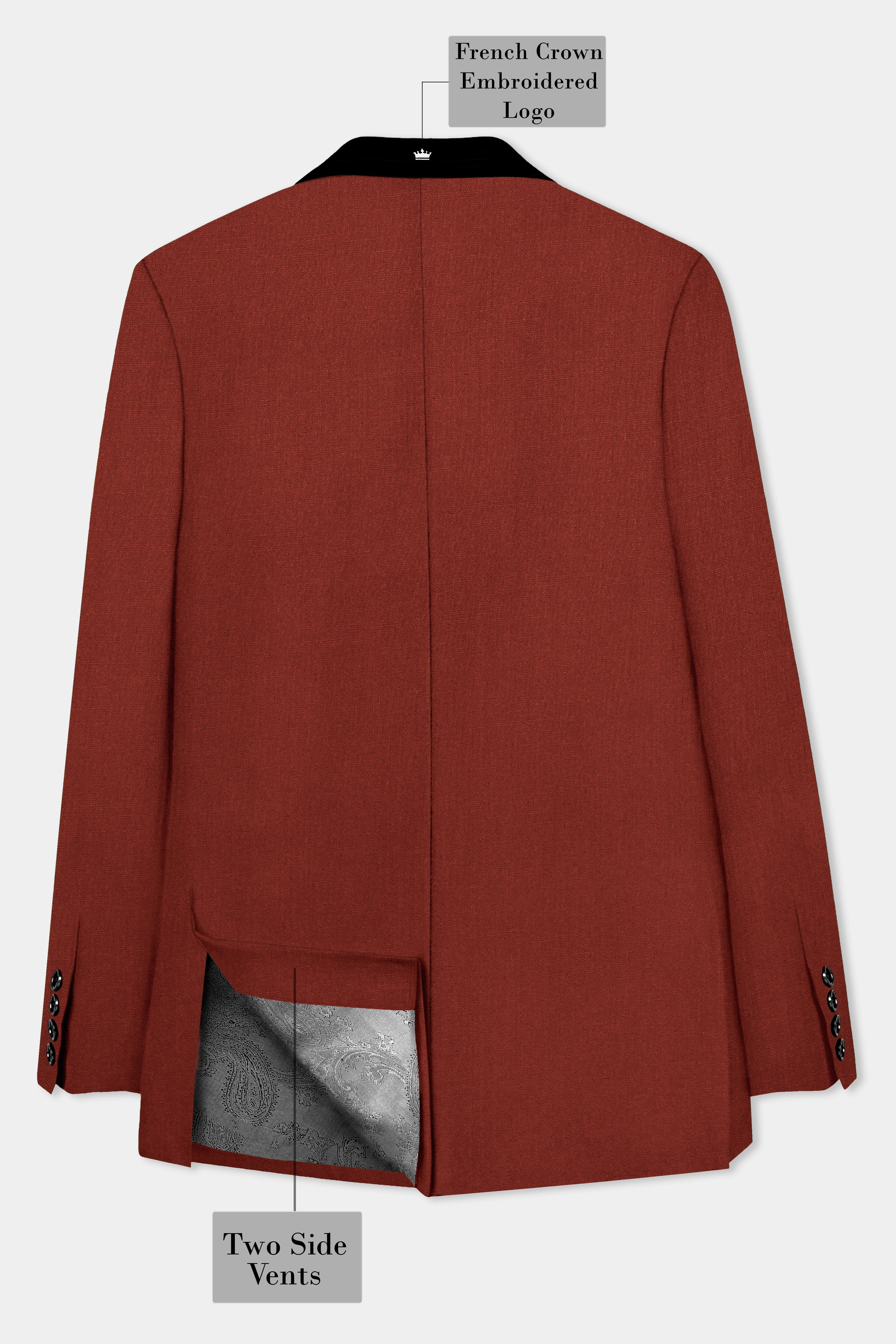 Inferno Rust-Brick Red Solid Wool Rich Peak Lapel Tuxedo Slight Stretch Suit