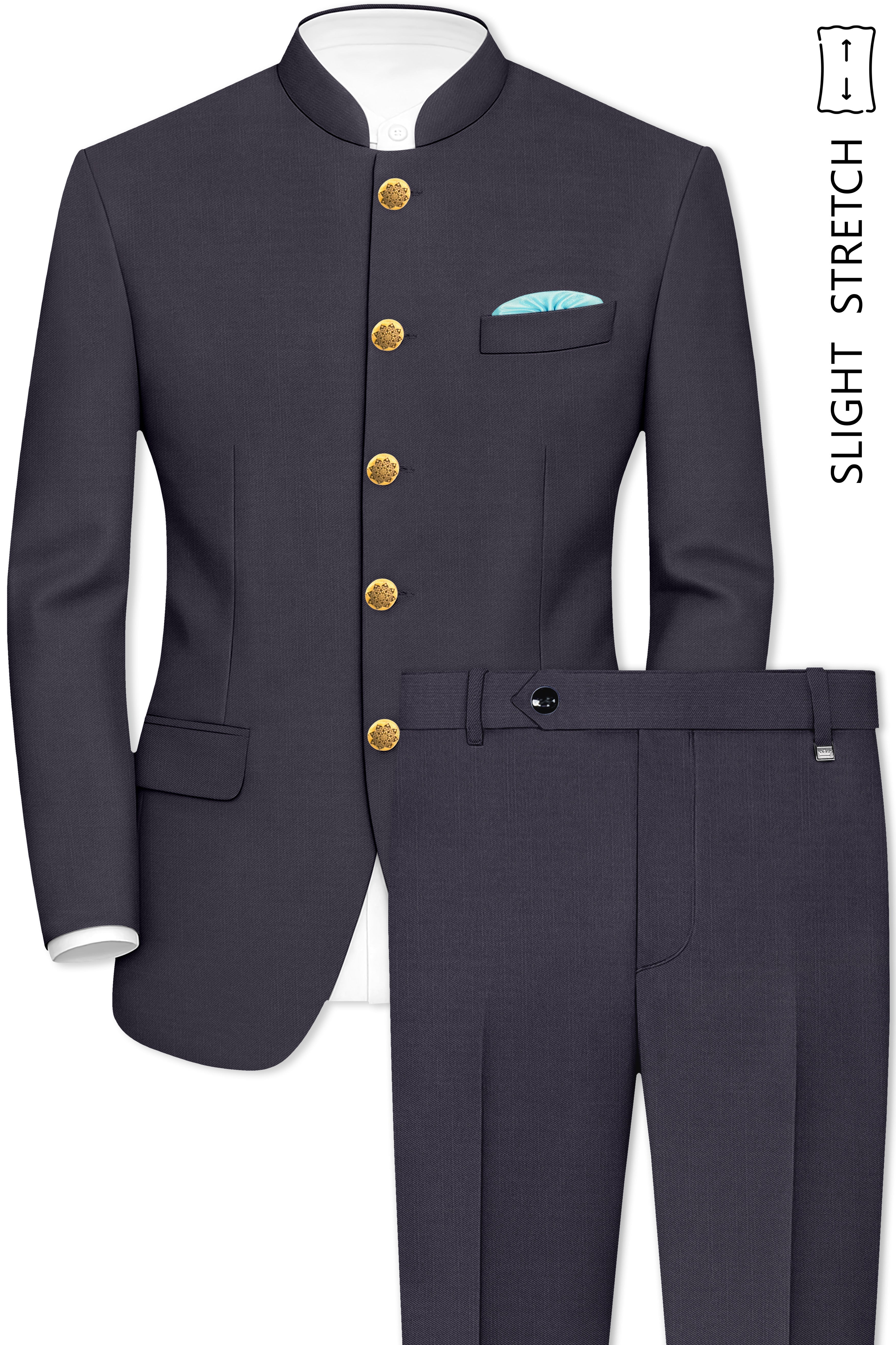 Sapphire-Glaucous Gray Solid Wool Rich Bandhgala Slight Stretch Suit