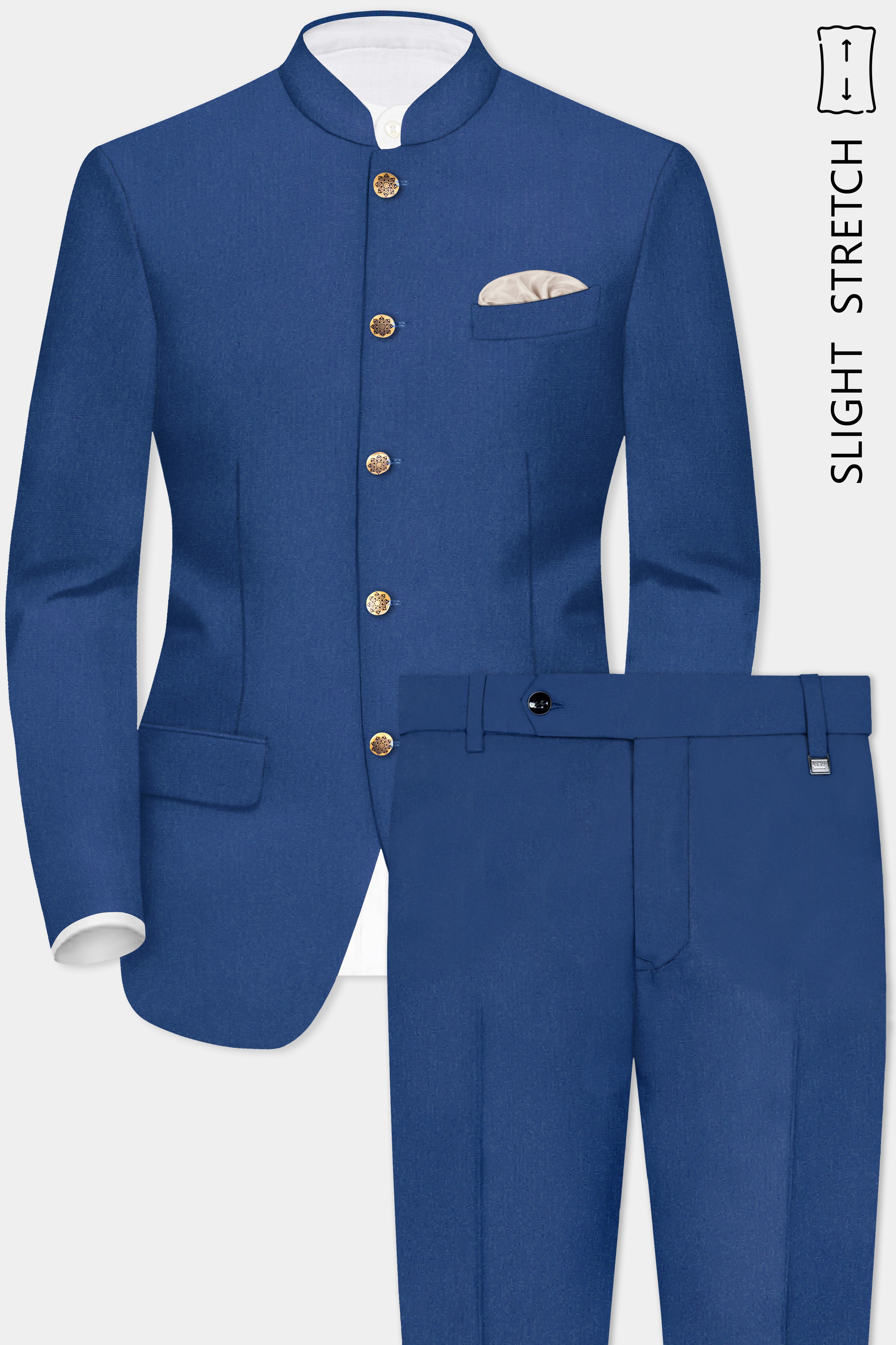 Cerulean Elite-Cobalt Blue Solid Wool Rich Bandhgala Slight Stretch Suit