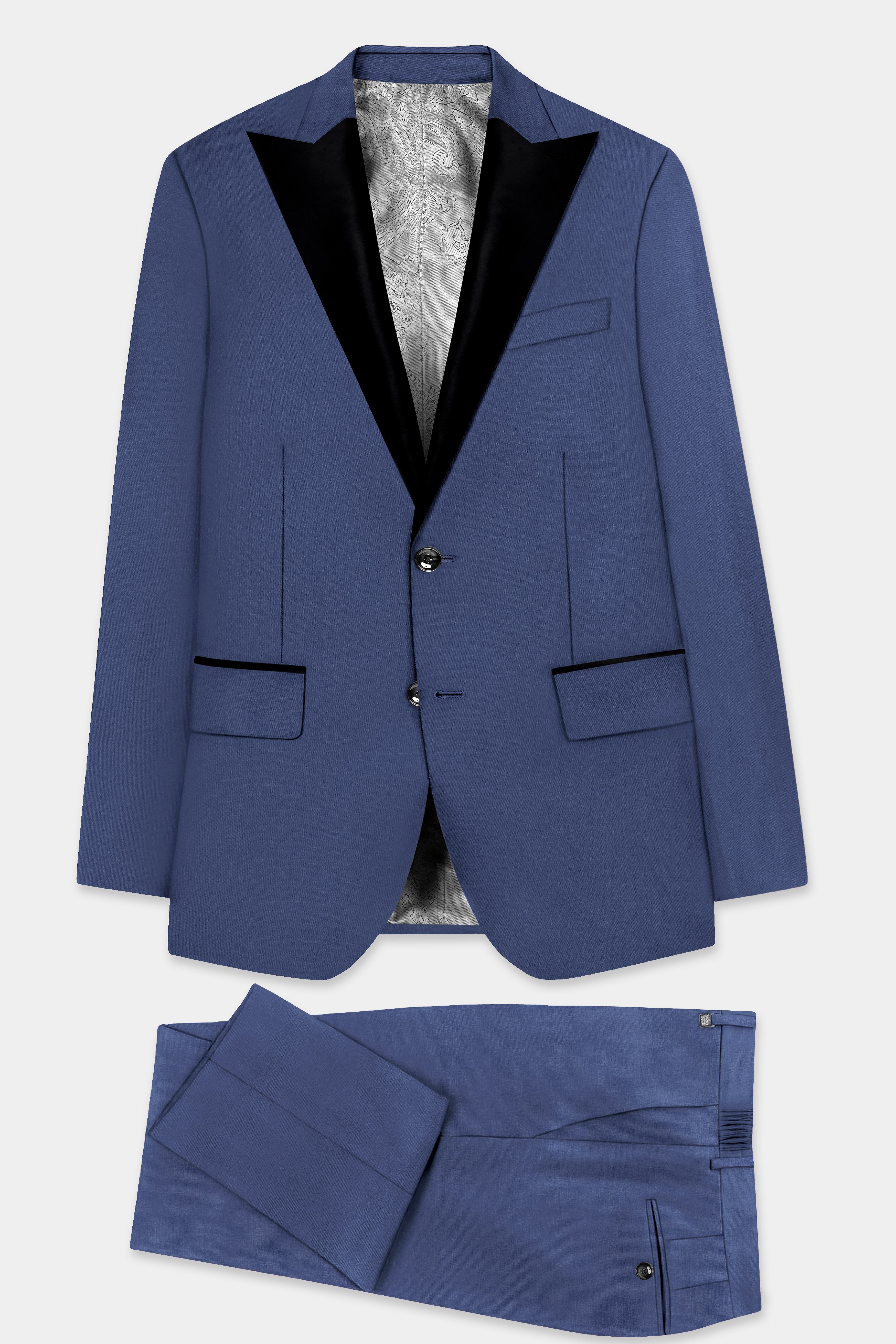 Sapphire-Glaucous Blue Solid Wool Rich Peak Lapel Tuxedo Slight Stretch Suit