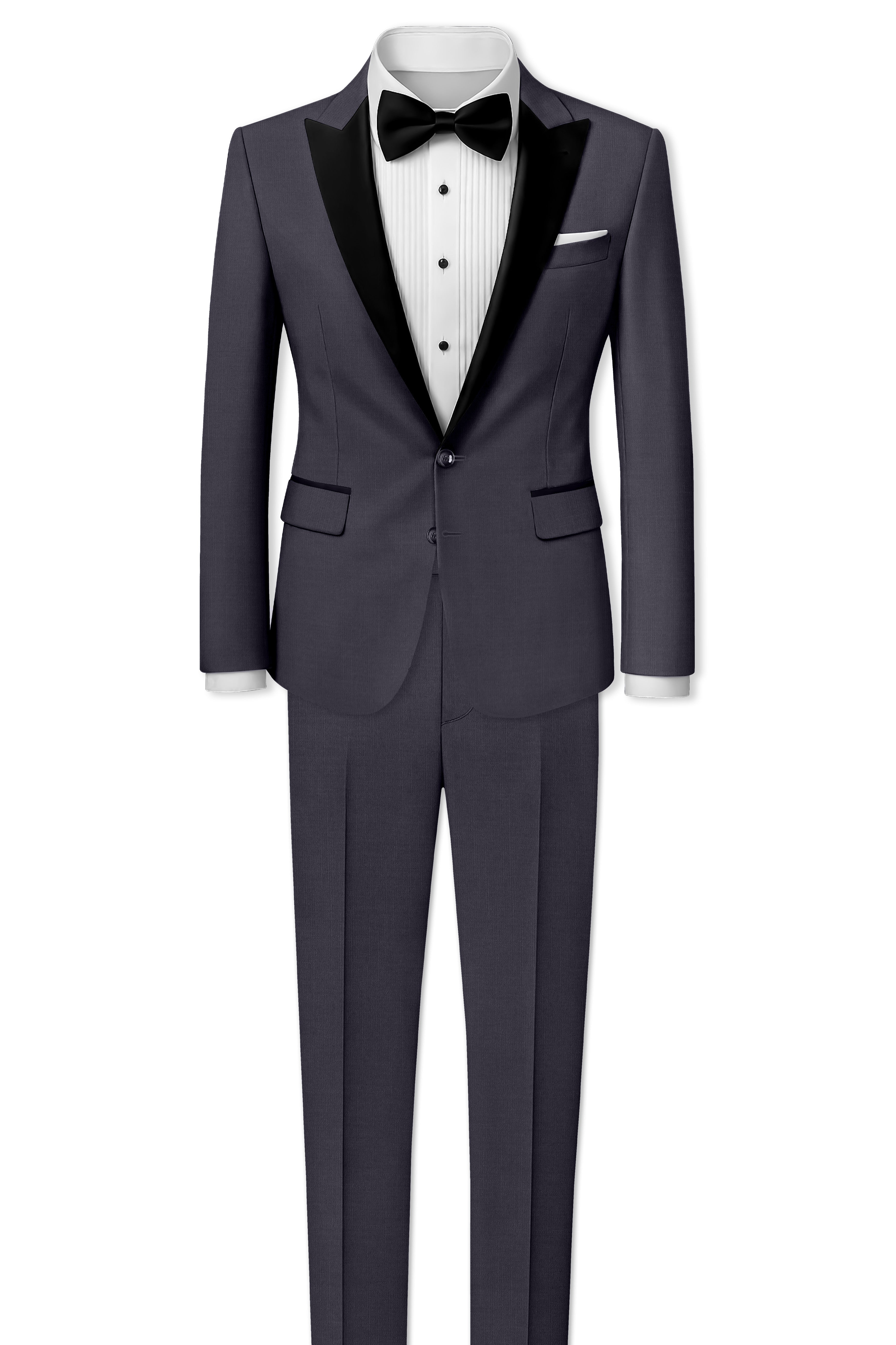 Sapphire-Glaucous Gray Solid Wool Rich Peak Lapel Tuxedo Slight Stretch Suit