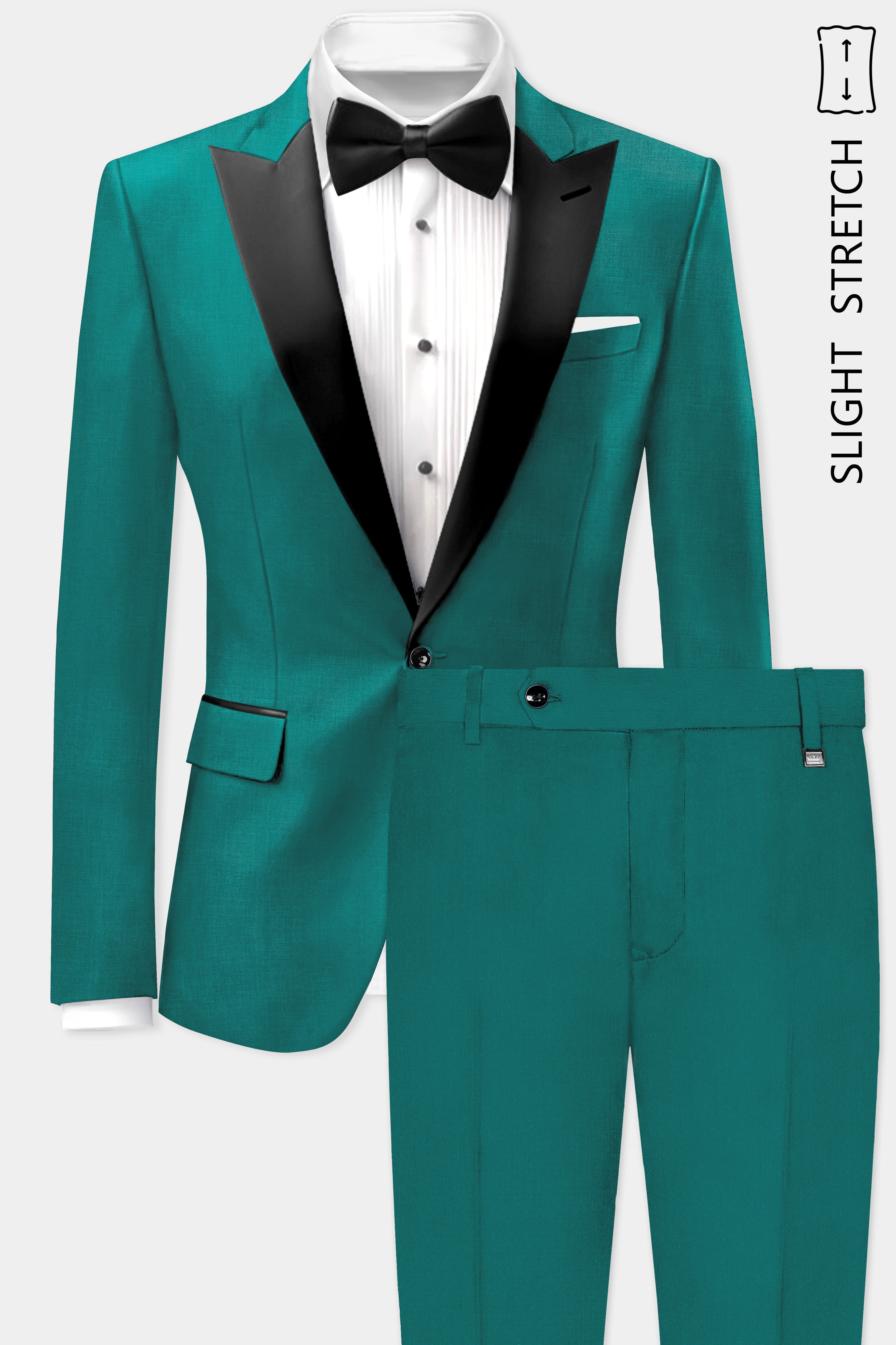 Verdant Classic-Surfie Green Solid Wool Rich Peak Lapel Tuxedo Slight Stretch Suit