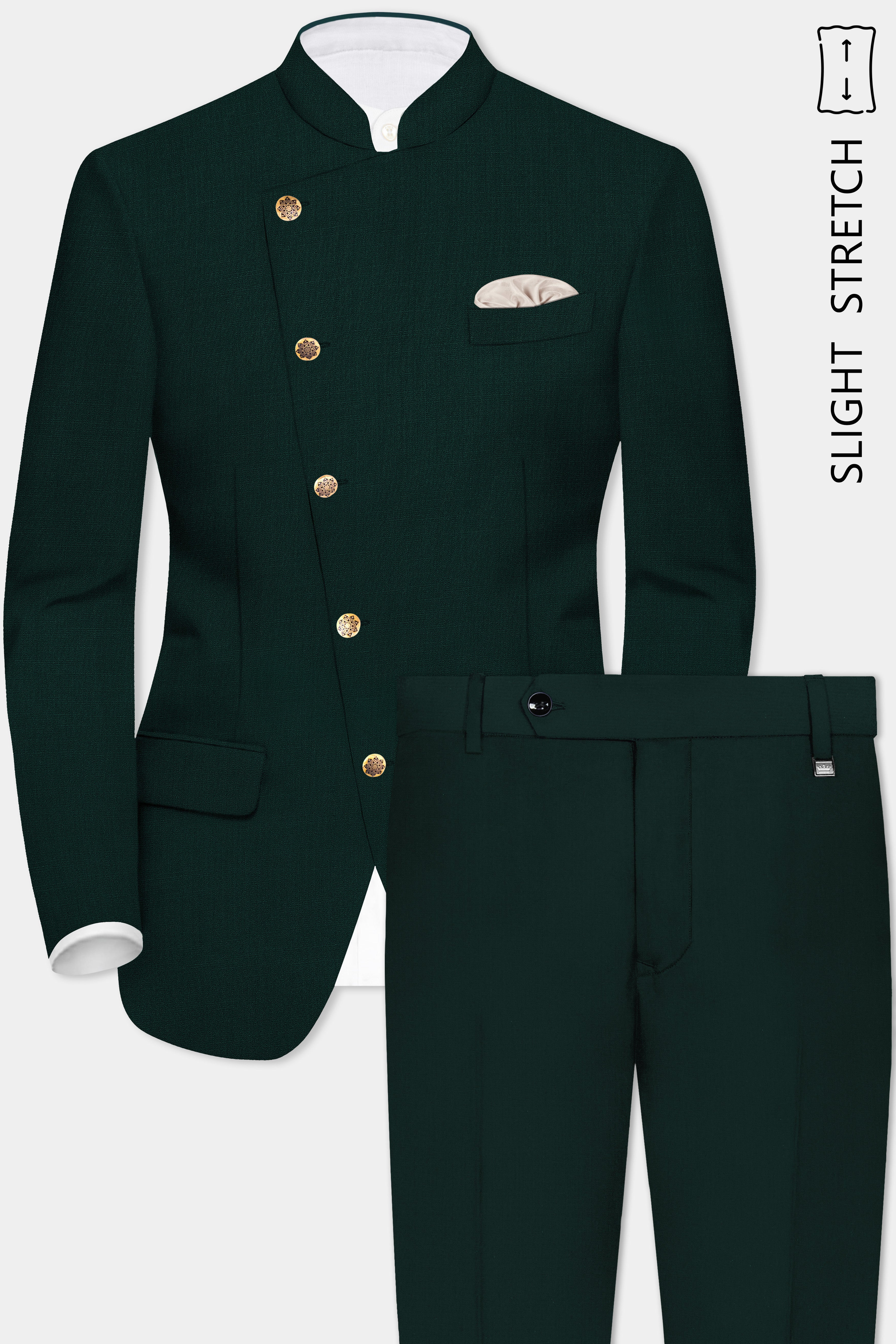 Emerald-Zucchini Green Solid Wool Rich Cross Placket Bandhgala Slight Stretch Suit