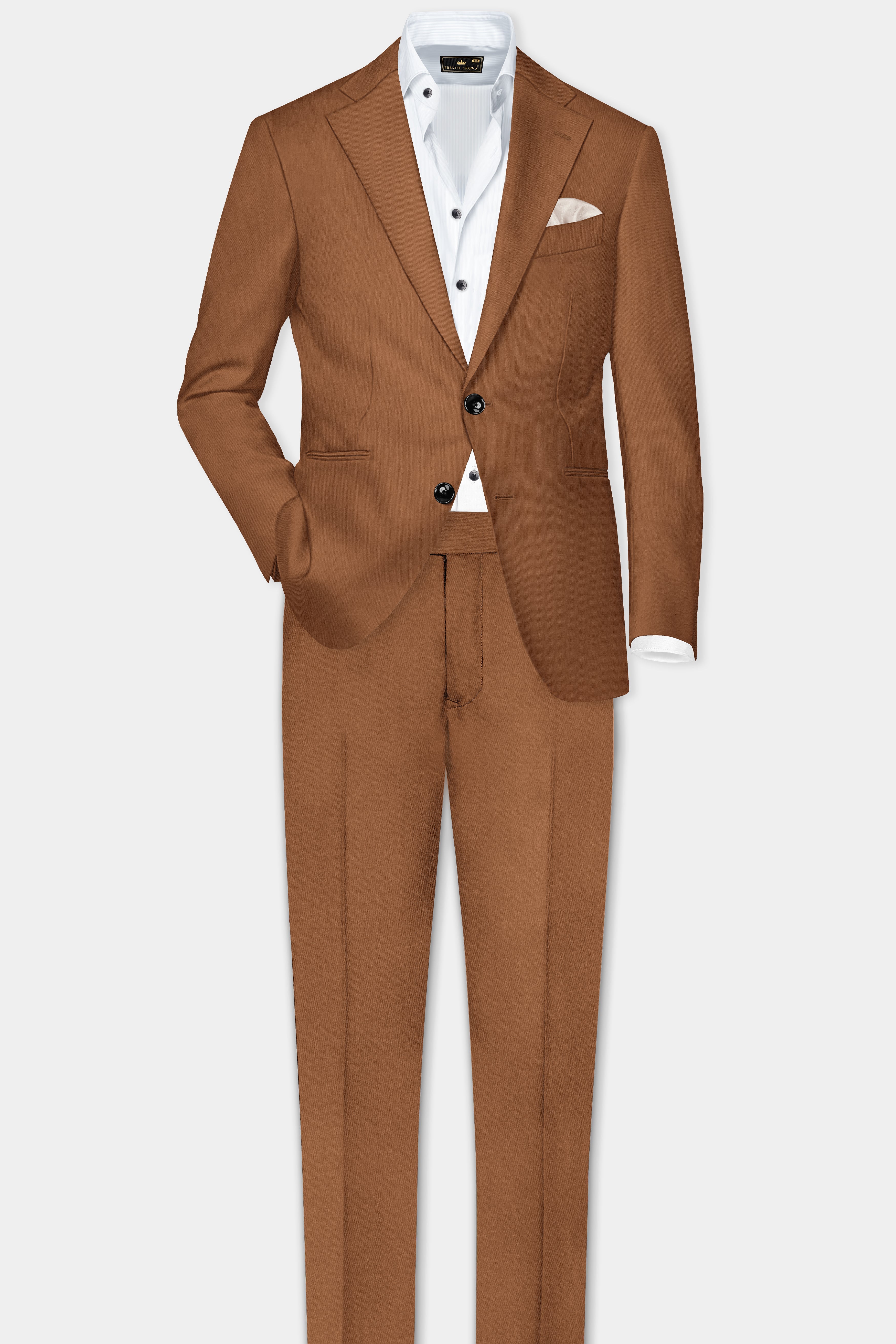 Cinnamon Oak-Sienna Brown Solid Wool Rich Single Breasted Slight Stretch Suit