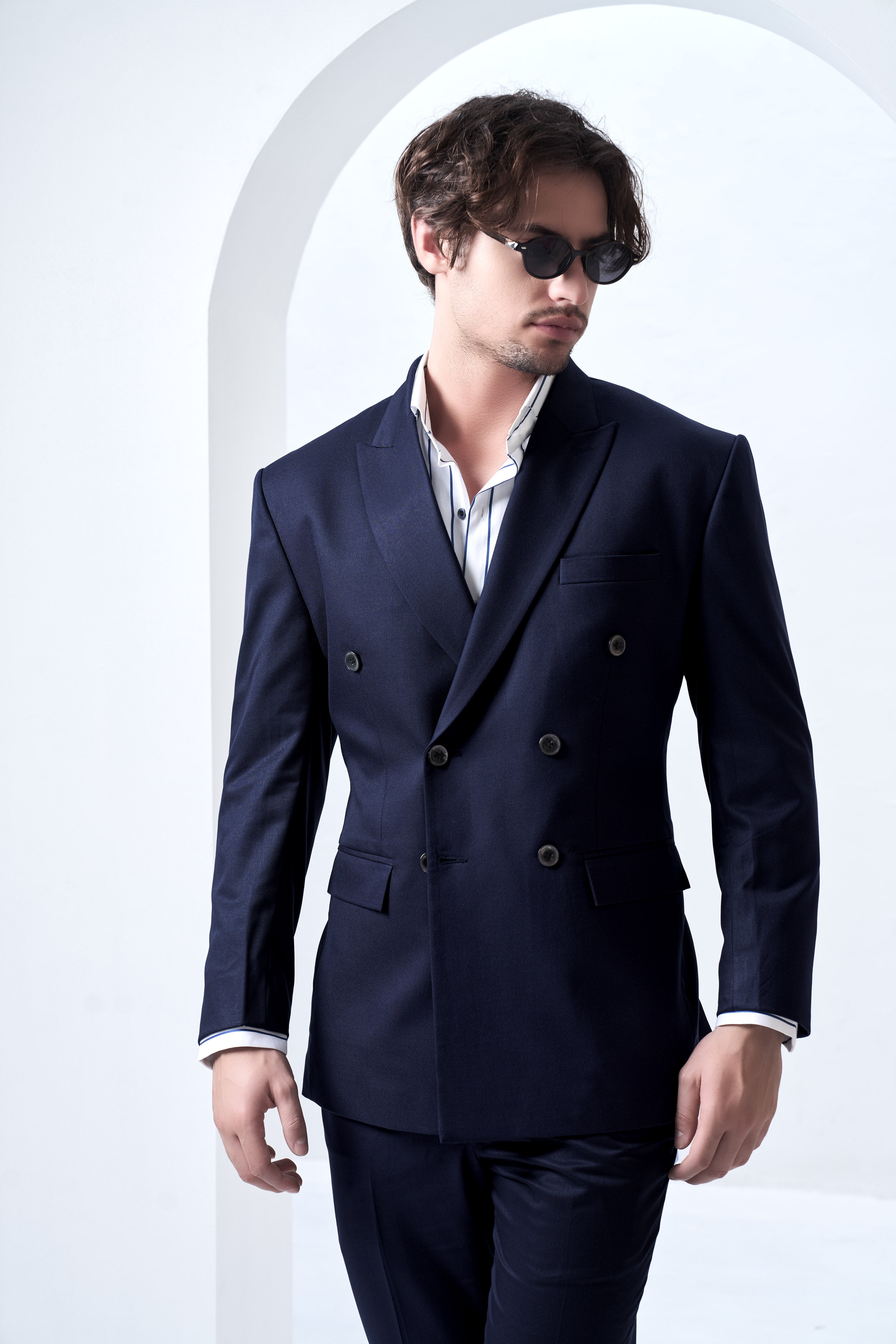Navy Subtle Sheen Wool Blend Double Breasted Suit