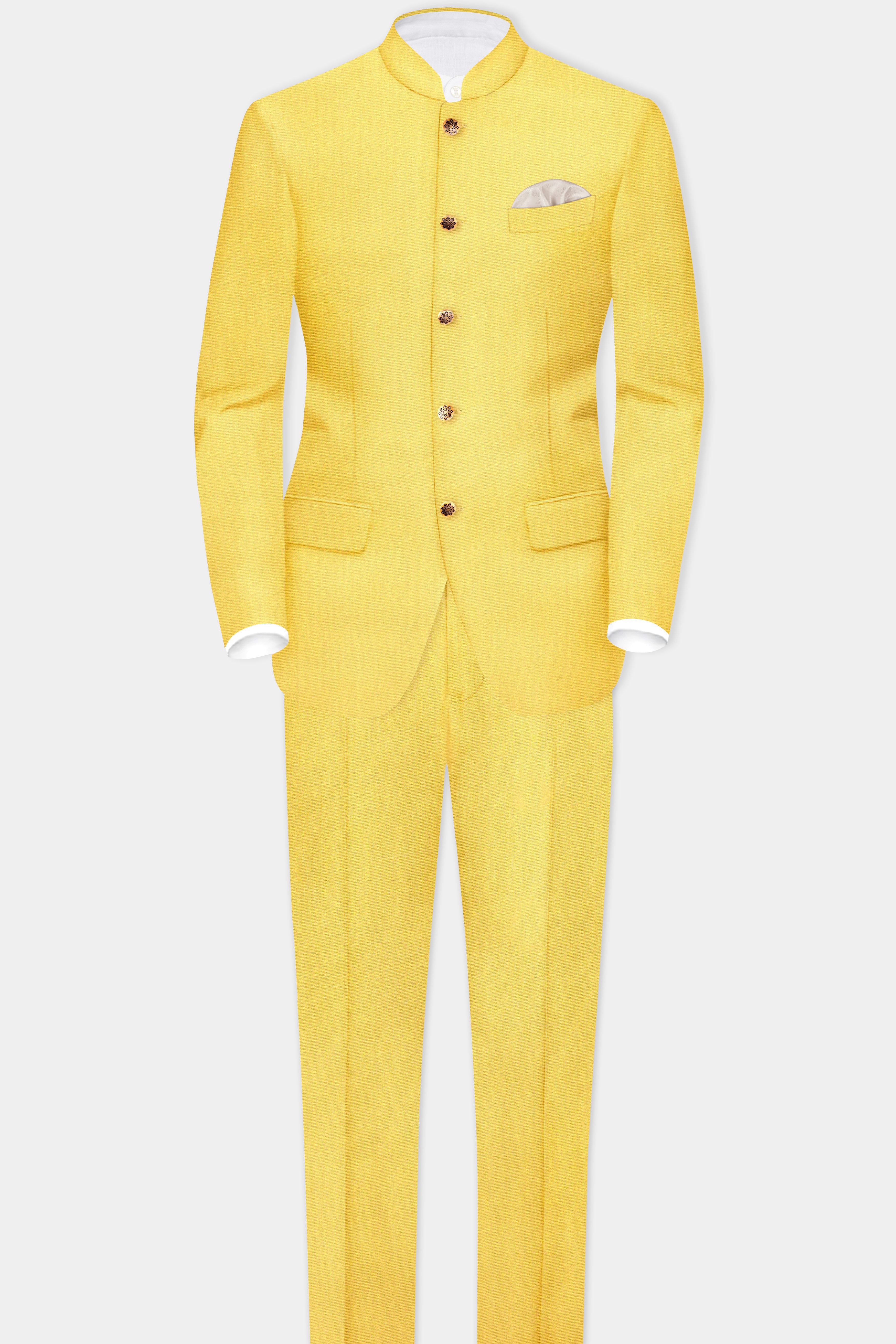 Saffron Elegance-Lemon Yellow Solid Wool Rich Bandhgala Slight Stretch Suit