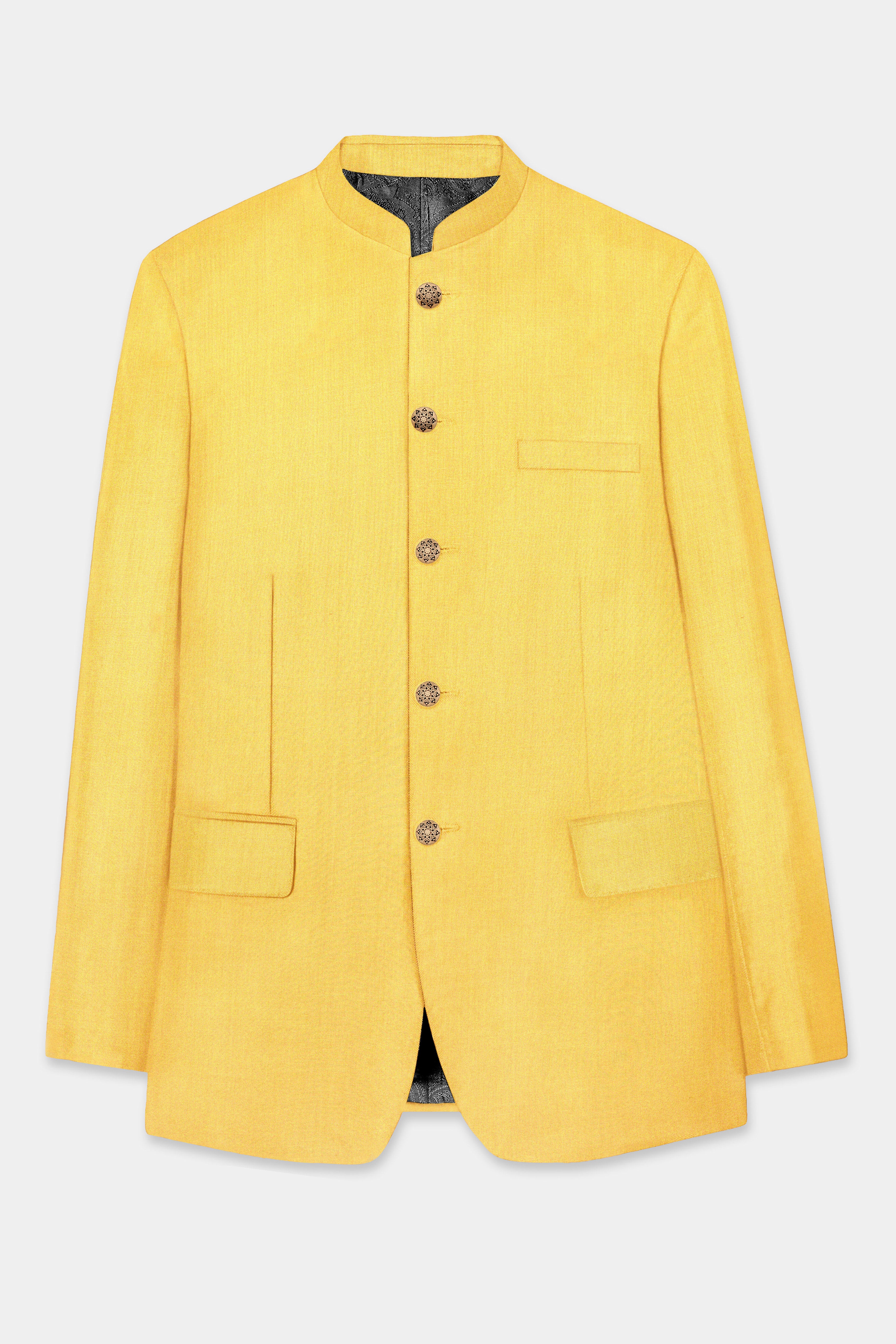 Saffron Elegance-Lemon Yellow Solid Wool Rich Bandhgala Slight Stretch Suit