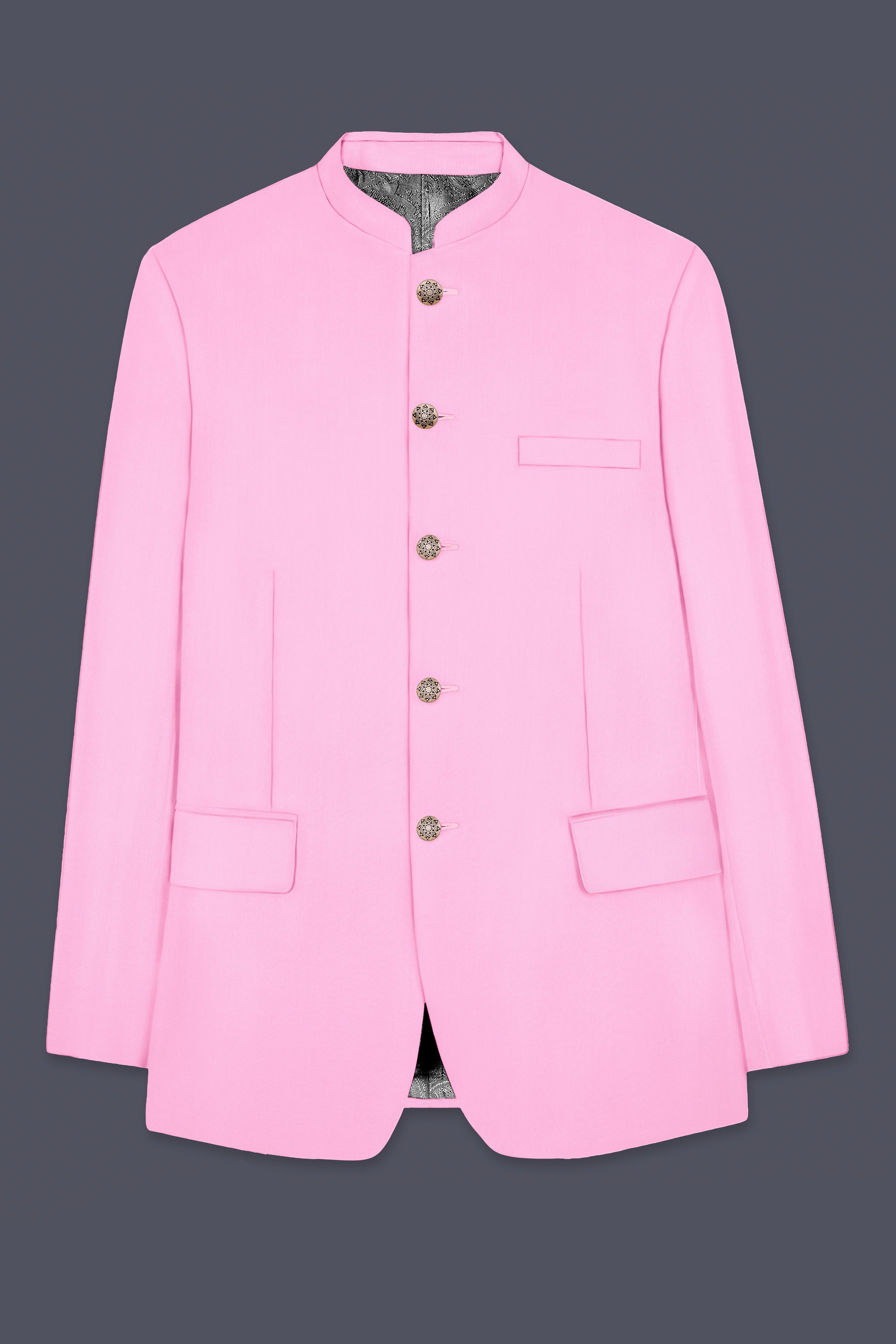 Rosé Reverie-Pestel Pink Solid Wool Rich Bandhgala Slight Stretch Suit