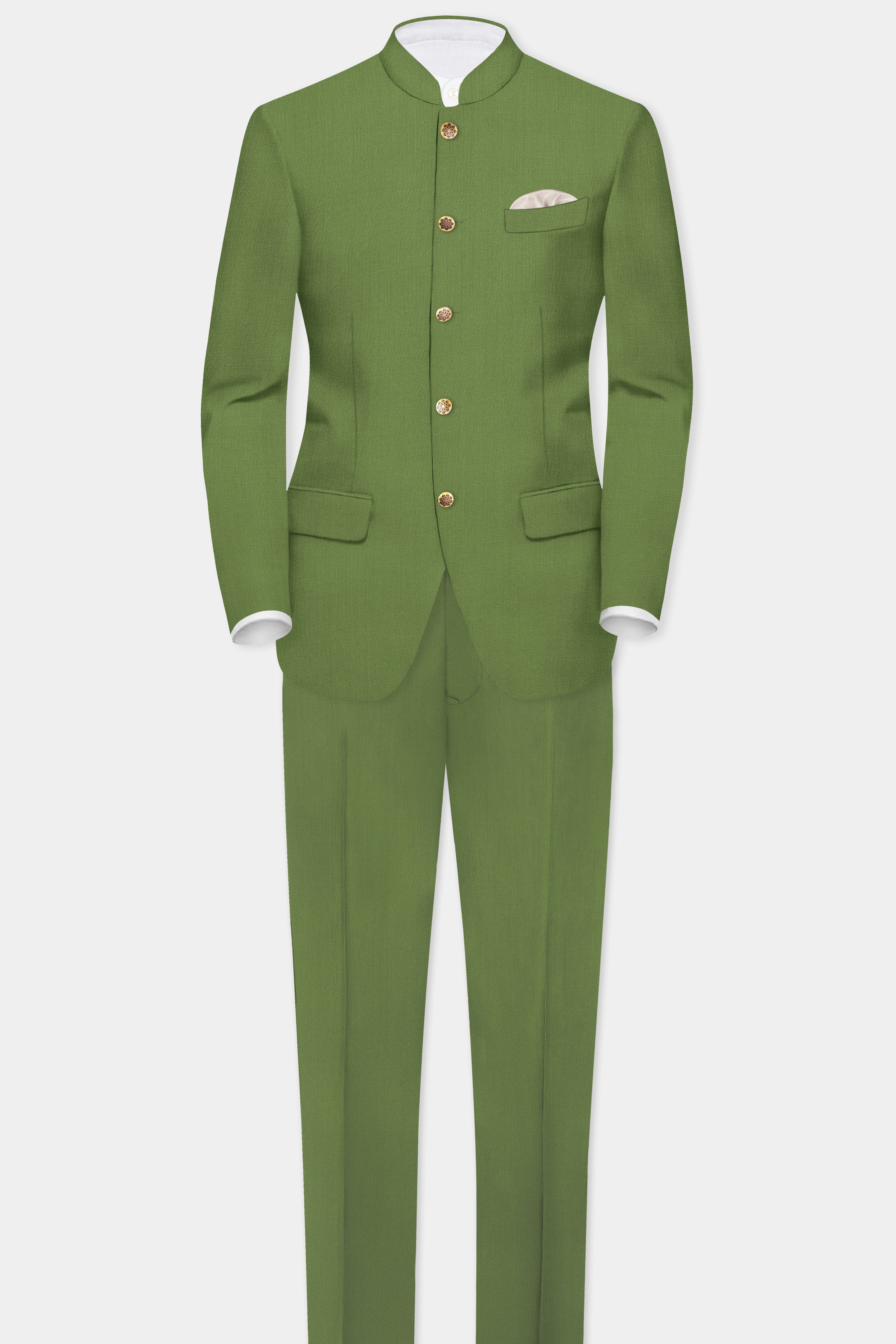 Sage Regal-Dingley Green Solid Wool Rich Bandhgala Slight Stretch Suit