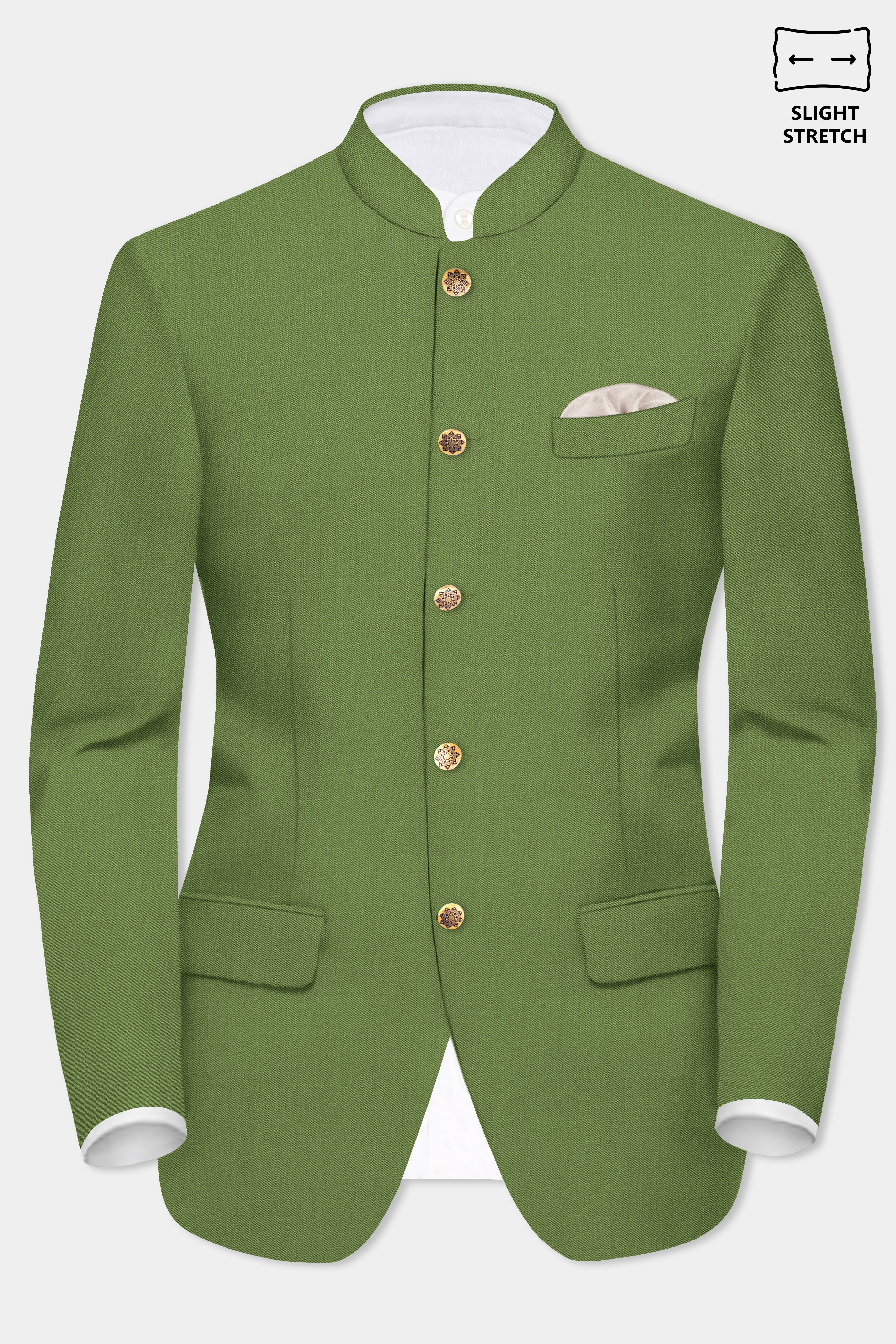 Sage Regal-Dingley Green Solid Wool Rich Bandhgala Slight Stretch Suit