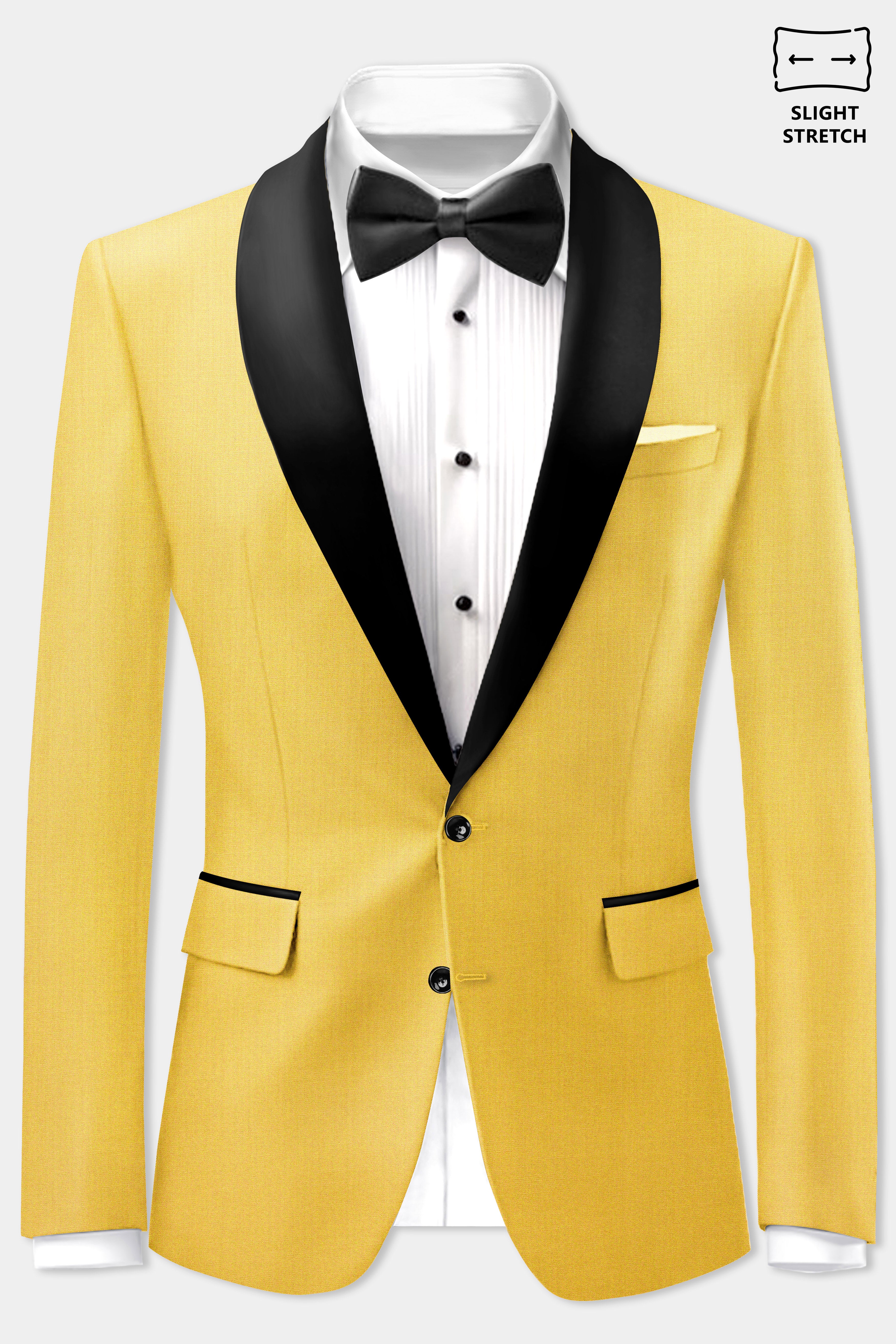 Saffron Elegance-Lemon Yellow Solid Wool Rich Tuxedo Slight Stretch Suit