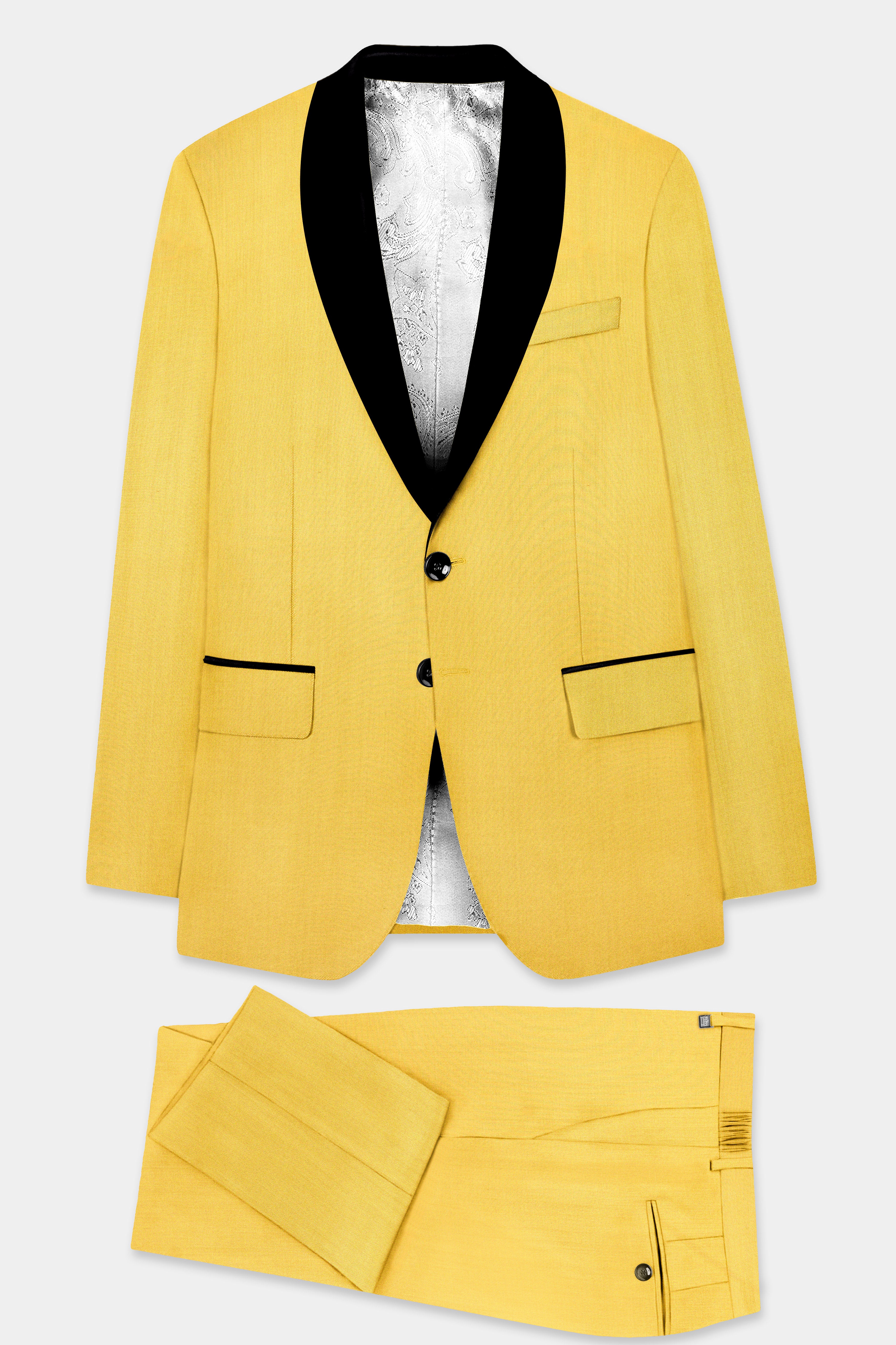 Saffron Elegance-Lemon Yellow Solid Wool Rich Tuxedo Slight Stretch Suit