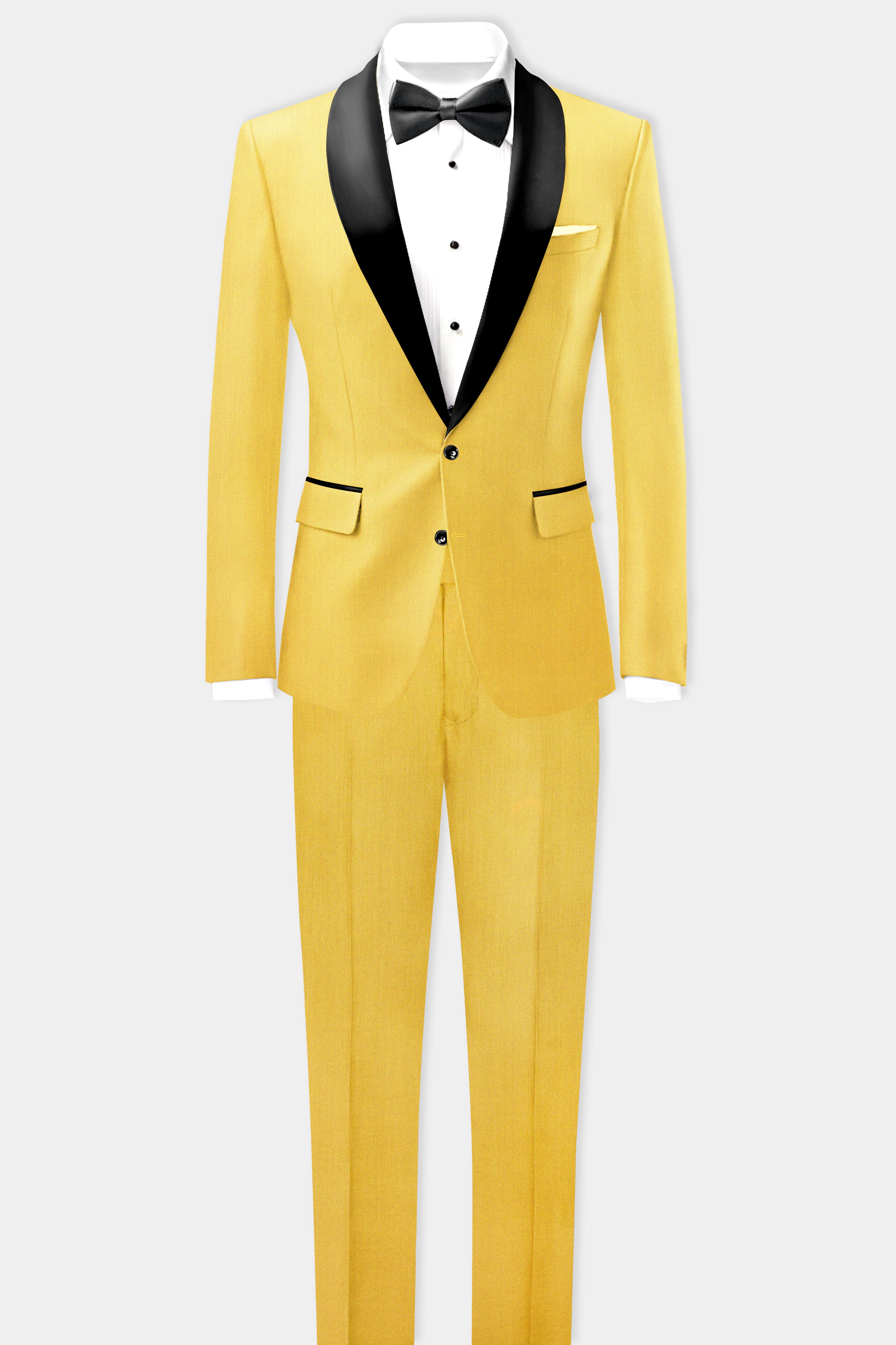 Saffron Elegance-Lemon Yellow Solid Wool Rich Tuxedo Slight Stretch Suit
