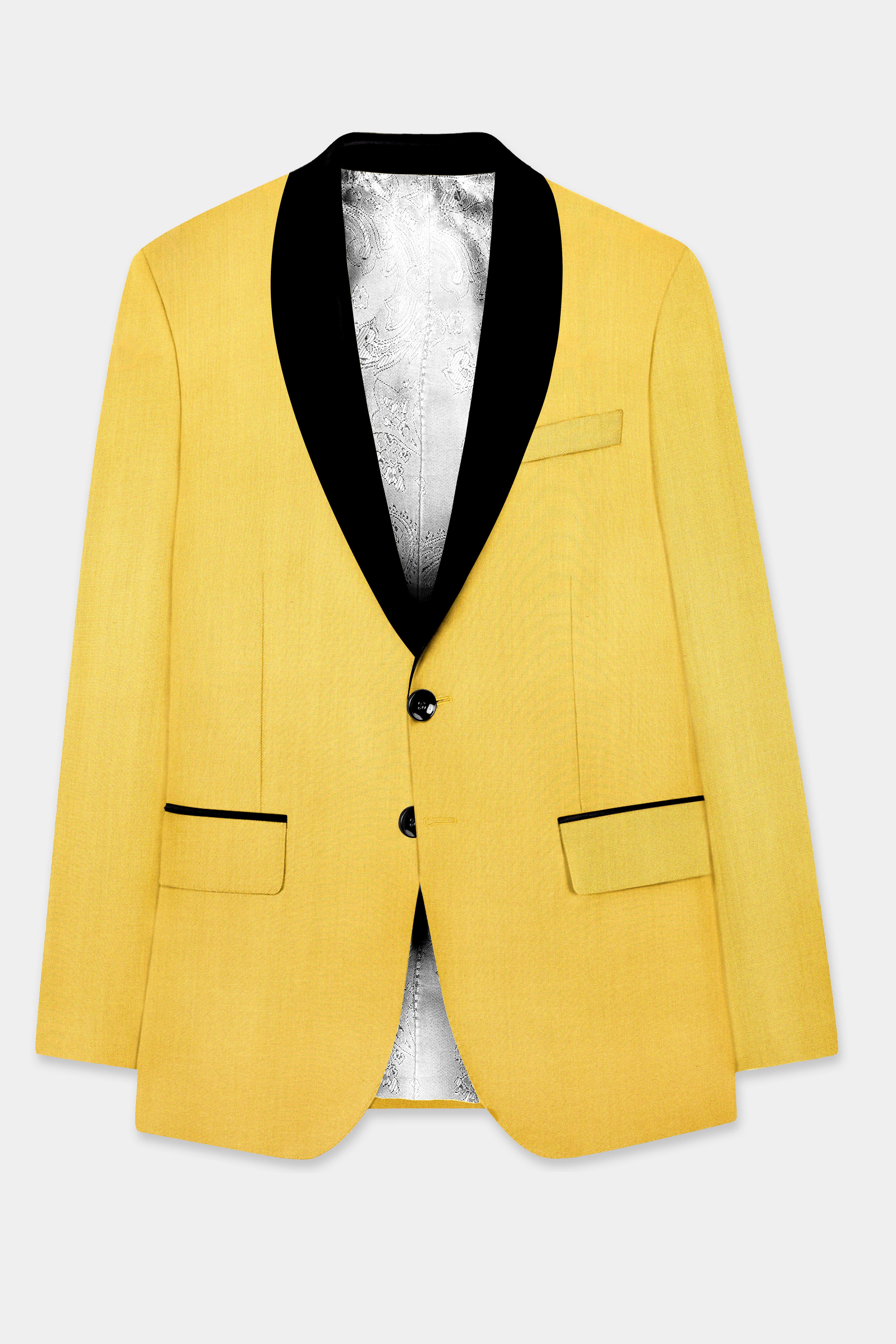 Saffron Elegance-Lemon Yellow Solid Wool Rich Tuxedo Slight Stretch Suit