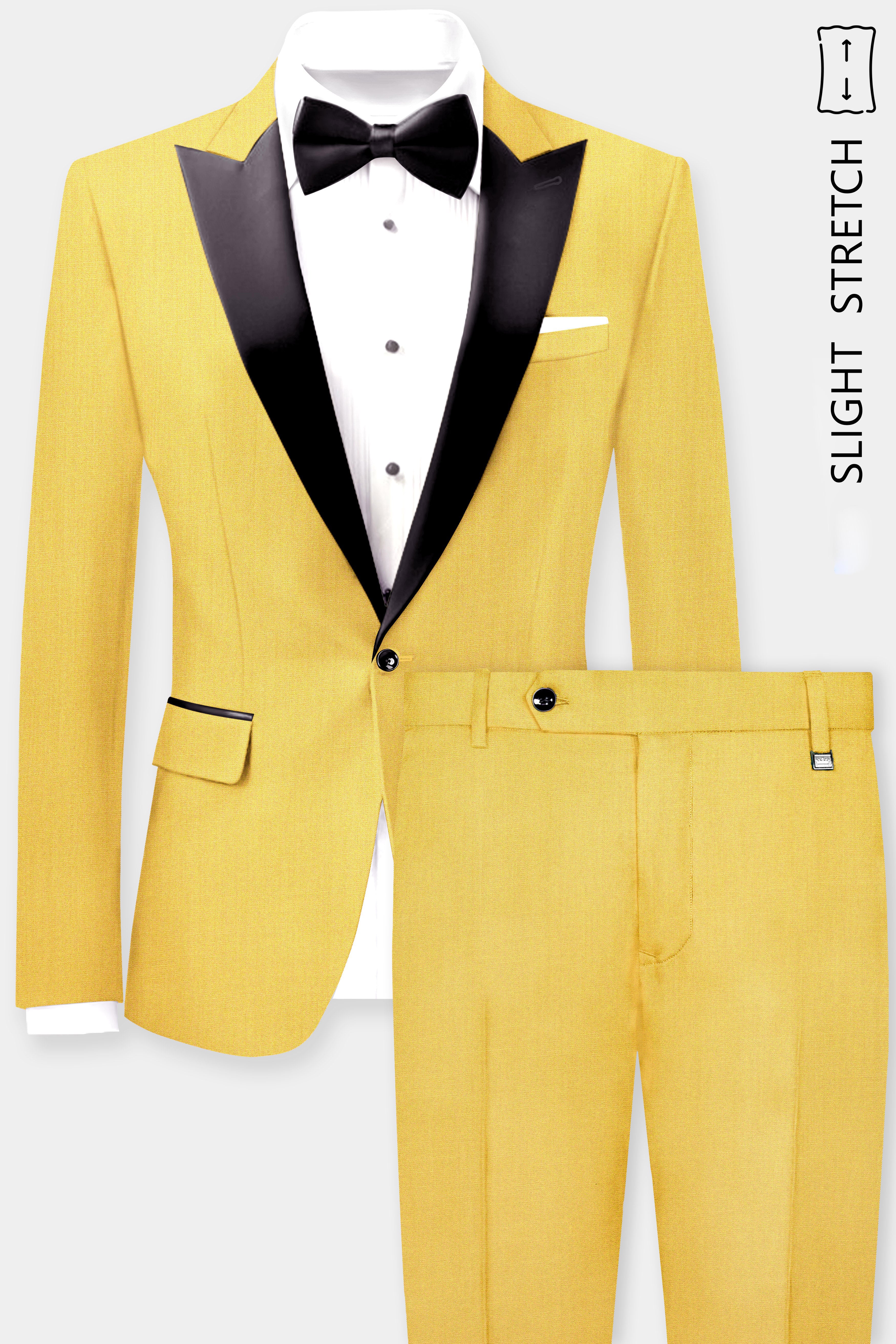 Saffron Elegance-Lemon Yellow Solid Wool Rich Peak Lapel Tuxedo Slight Stretch Suit
