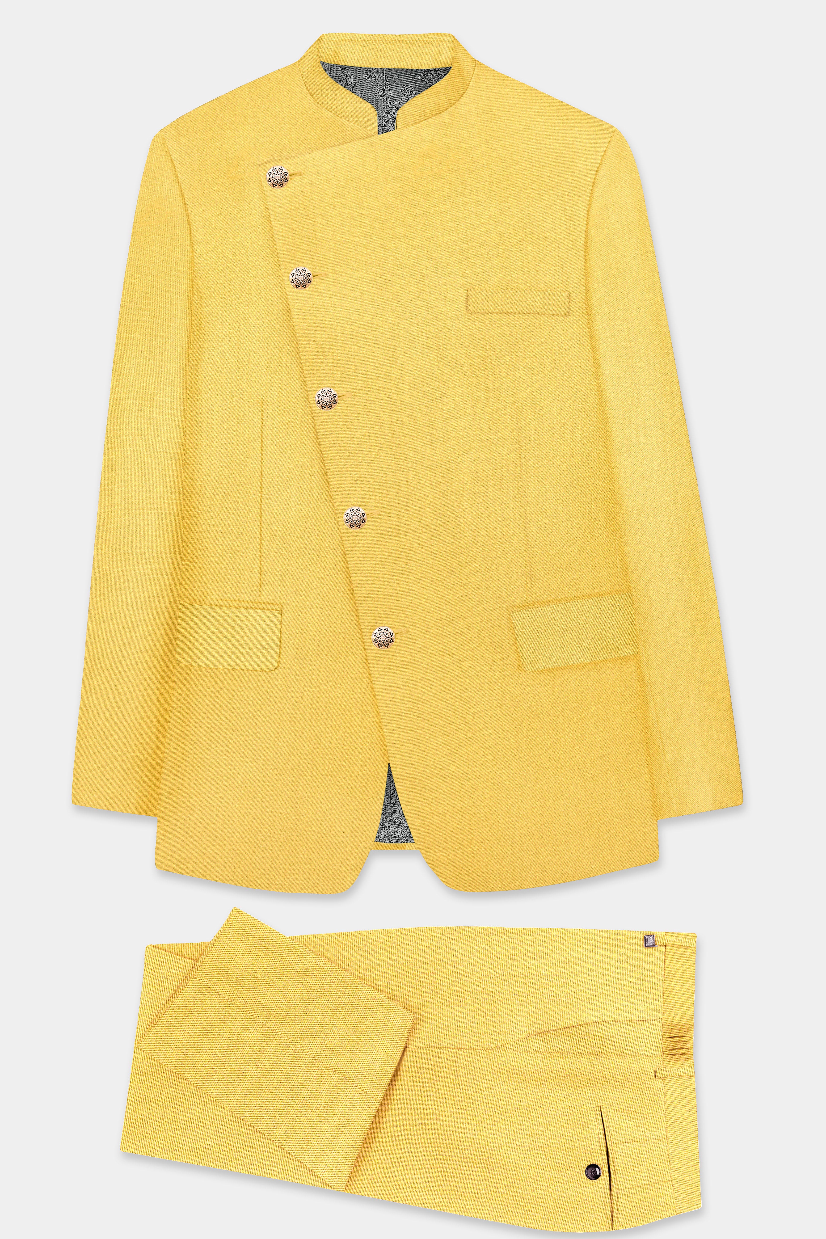 Saffron Elegance-Lemon Yellow Solid Wool Rich Cross Placket Bandhgala Slight Stretch Suit