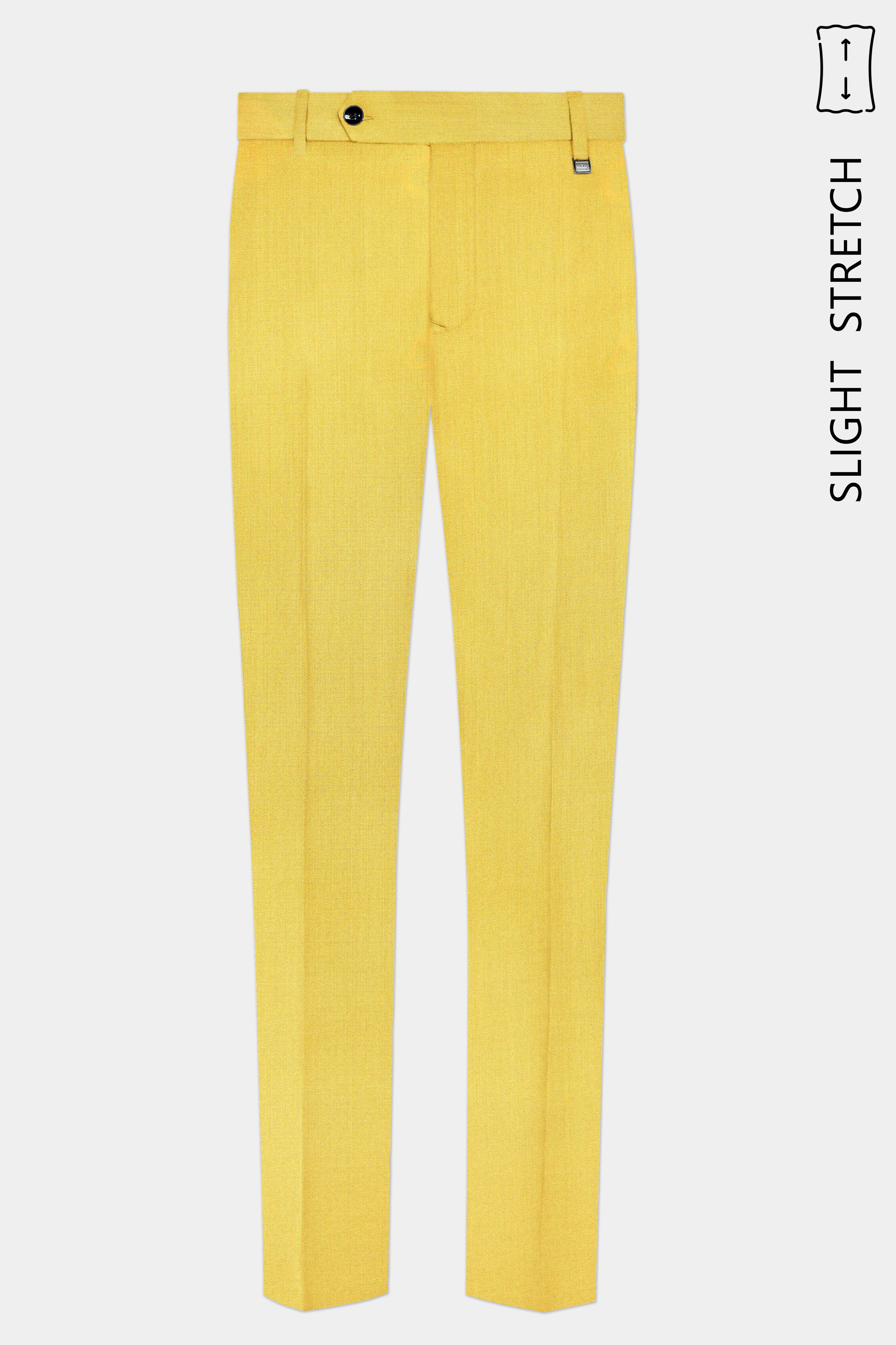 Saffron Elegance-Lemon Yellow Solid Wool Rich Cross Placket Bandhgala Slight Stretch Suit