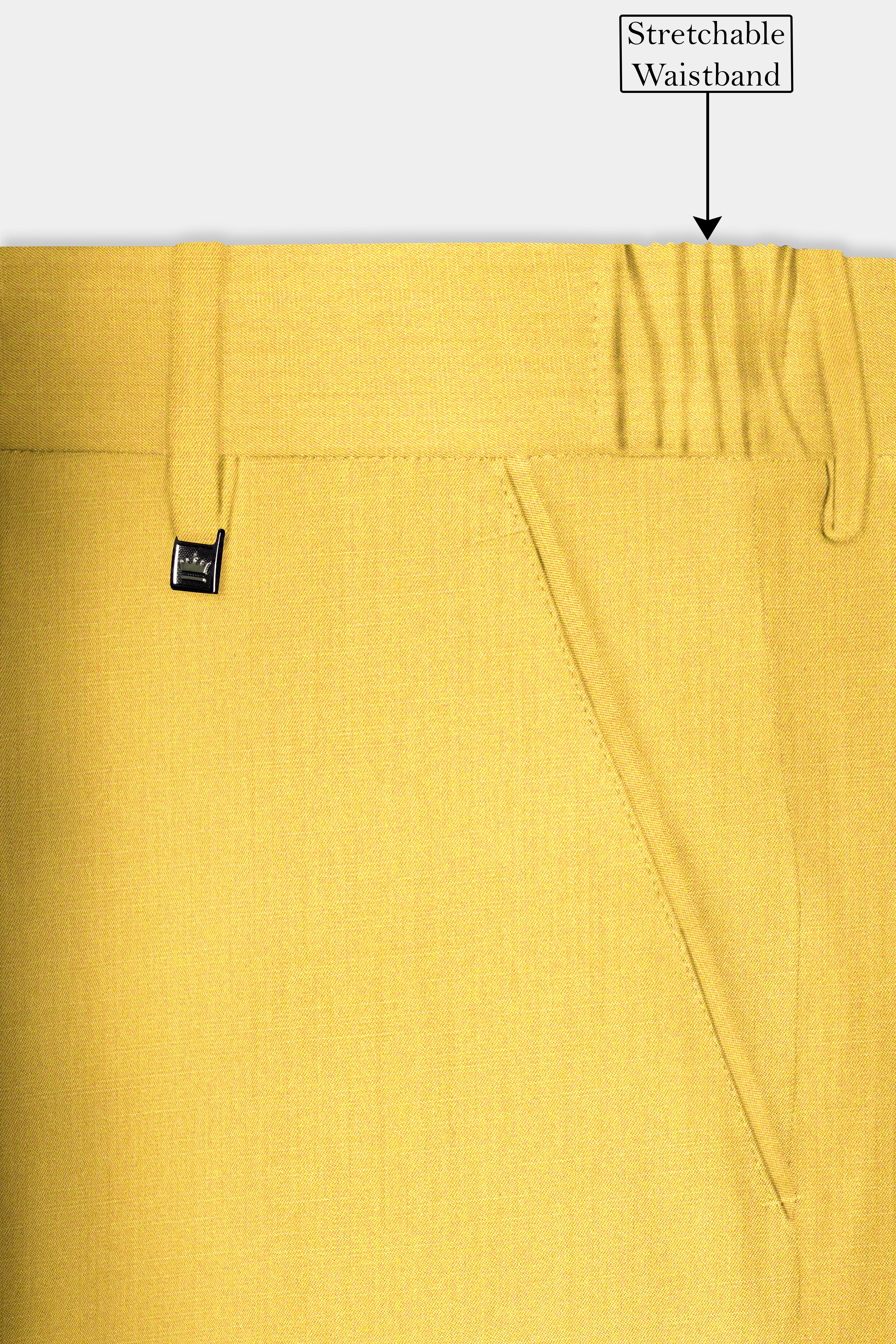 Saffron Elegance-Lemon Yellow Solid Wool Rich Cross Placket Bandhgala Slight Stretch Suit