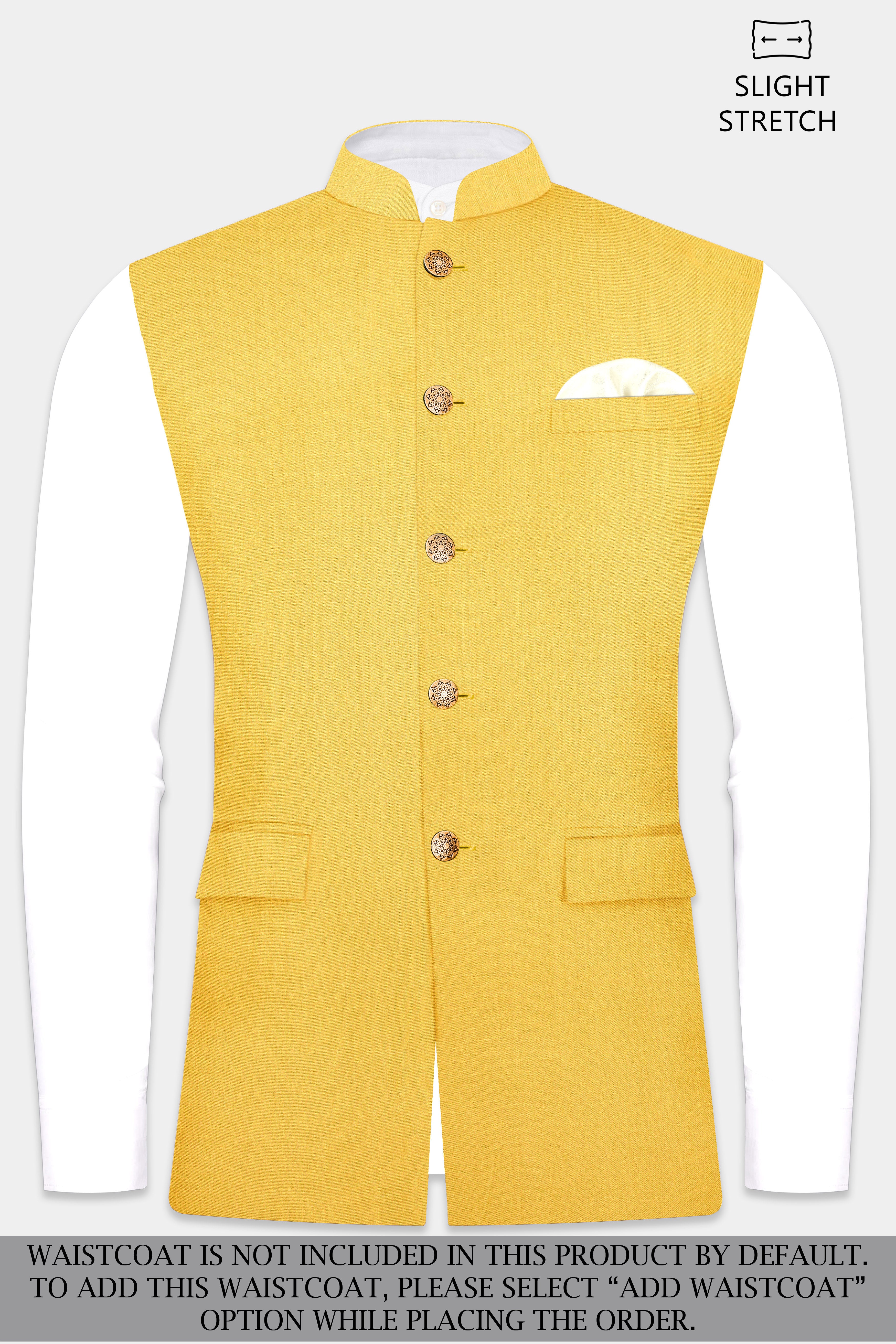 Saffron Elegance-Lemon Yellow Solid Wool Rich Cross Placket Bandhgala Slight Stretch Suit