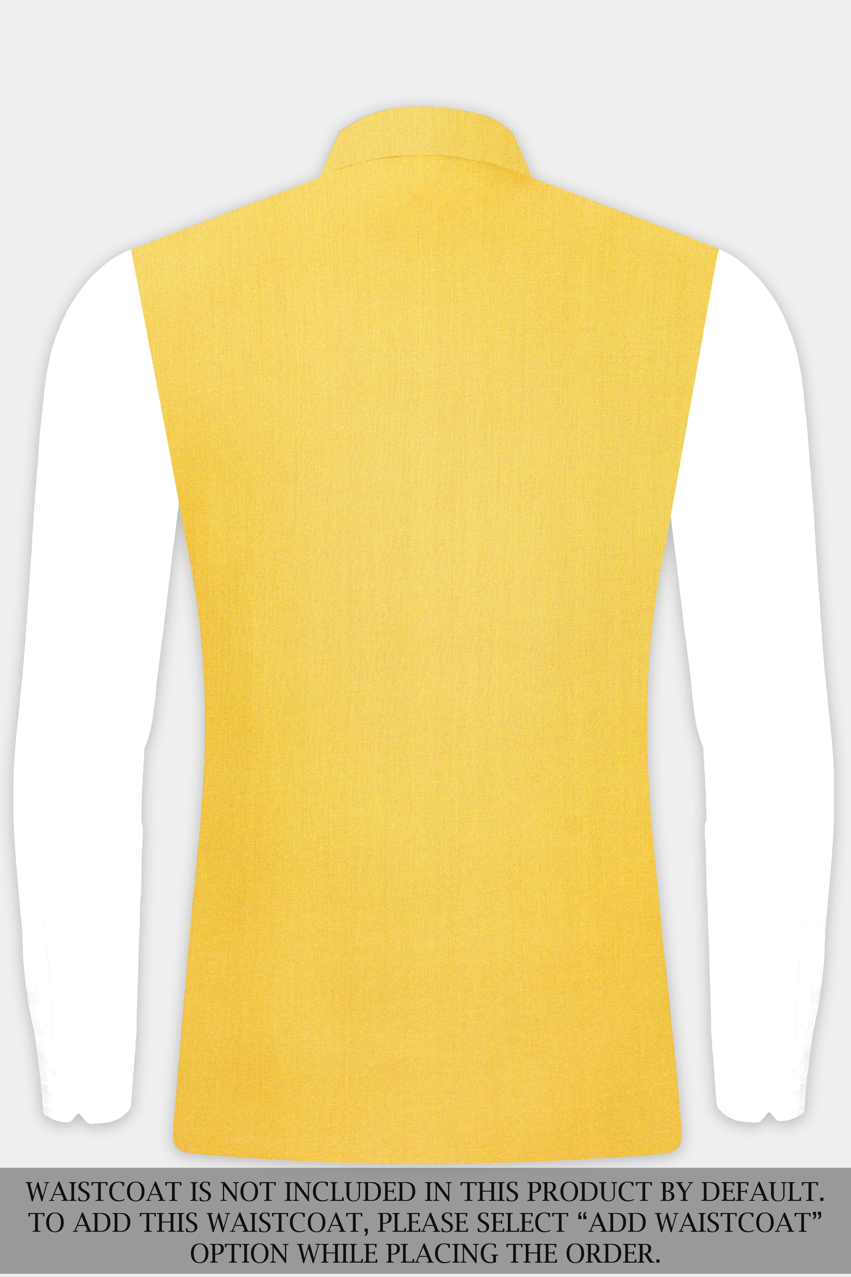 Saffron Elegance-Lemon Yellow Solid Wool Rich Cross Placket Bandhgala Slight Stretch Suit