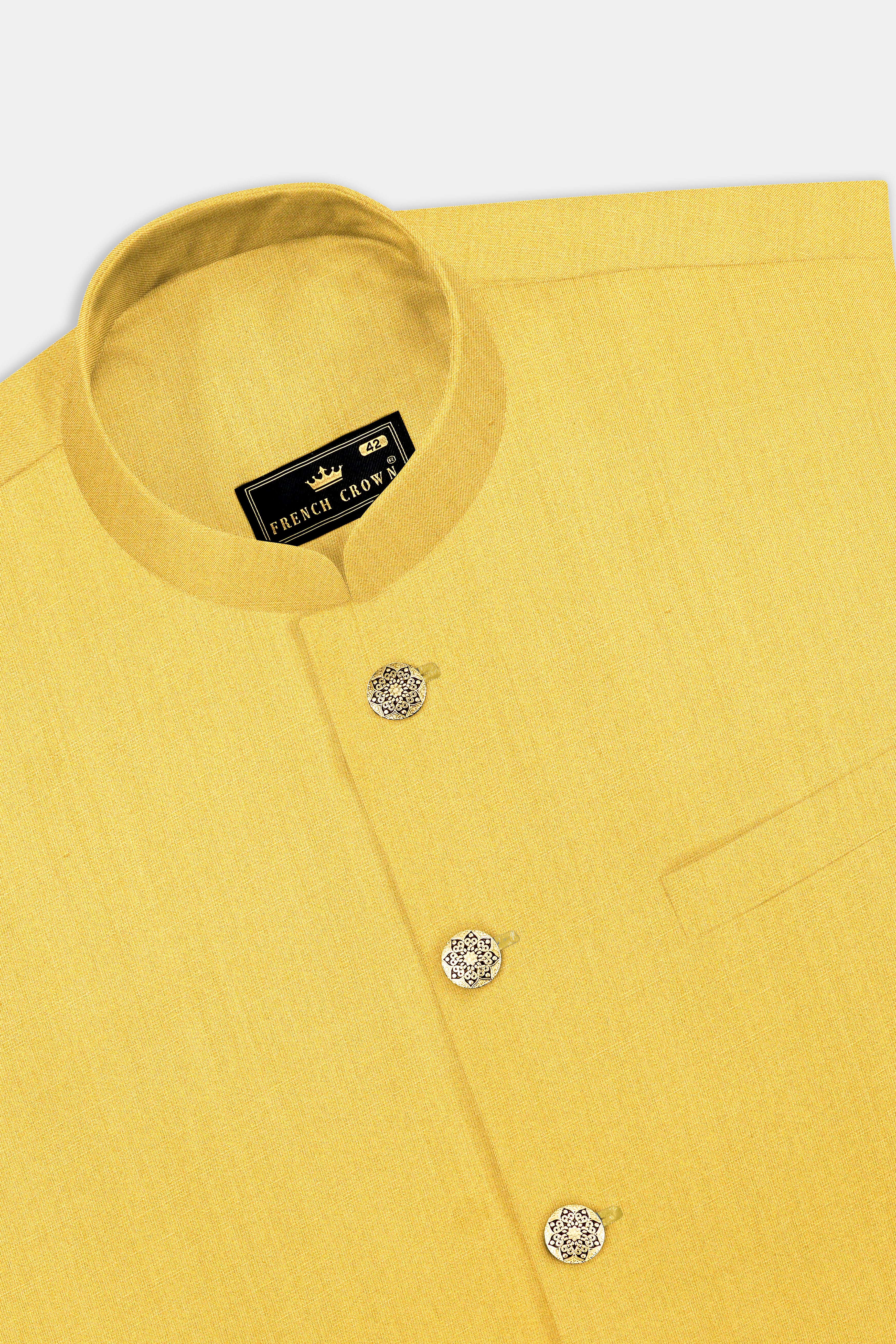 Saffron Elegance-Lemon Yellow Solid Wool Rich Cross Placket Bandhgala Slight Stretch Suit