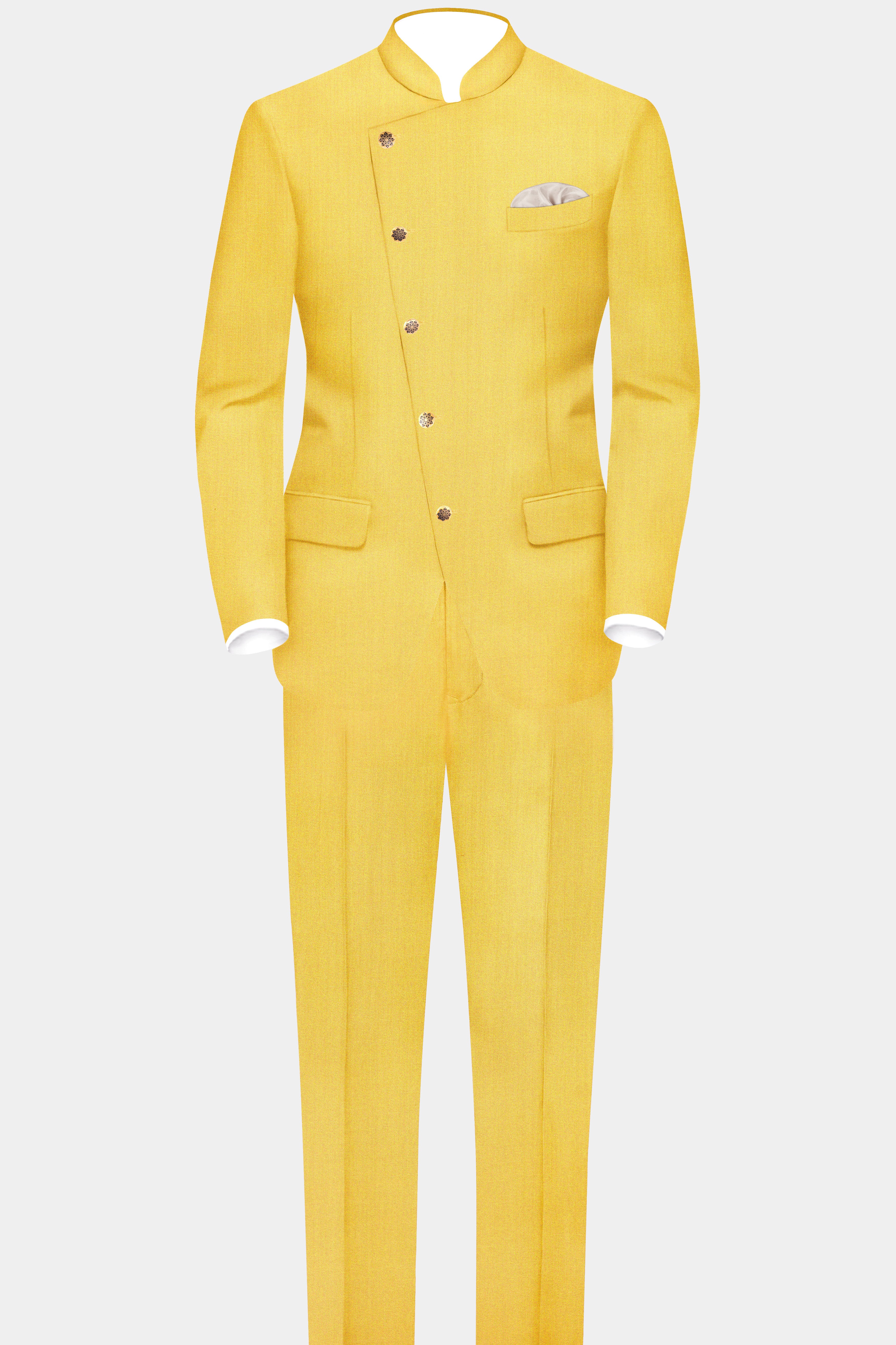 Saffron Elegance-Lemon Yellow Solid Wool Rich Cross Placket Bandhgala Slight Stretch Suit