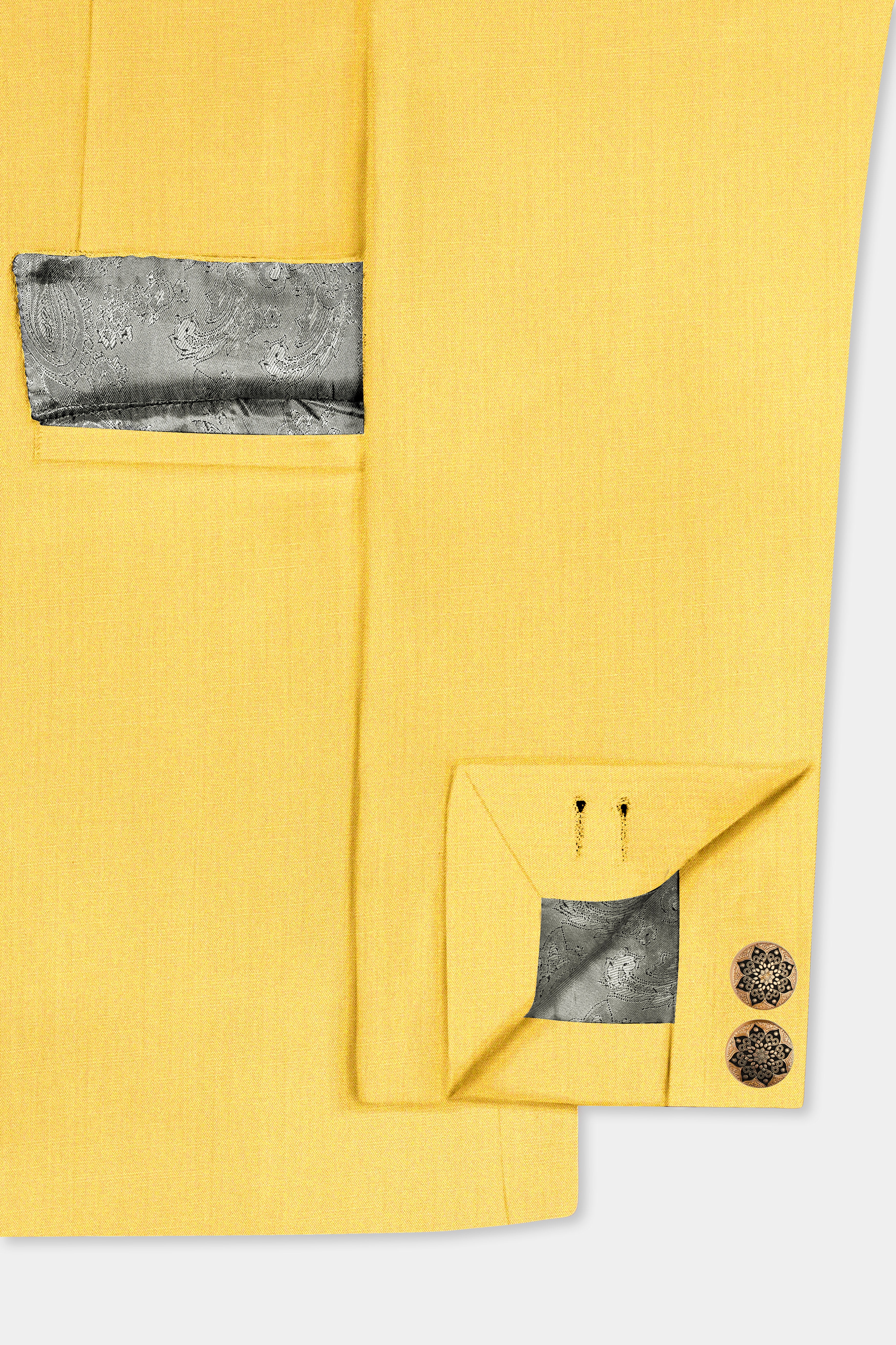 Saffron Elegance-Lemon Yellow Solid Wool Rich Cross Placket Bandhgala Slight Stretch Suit