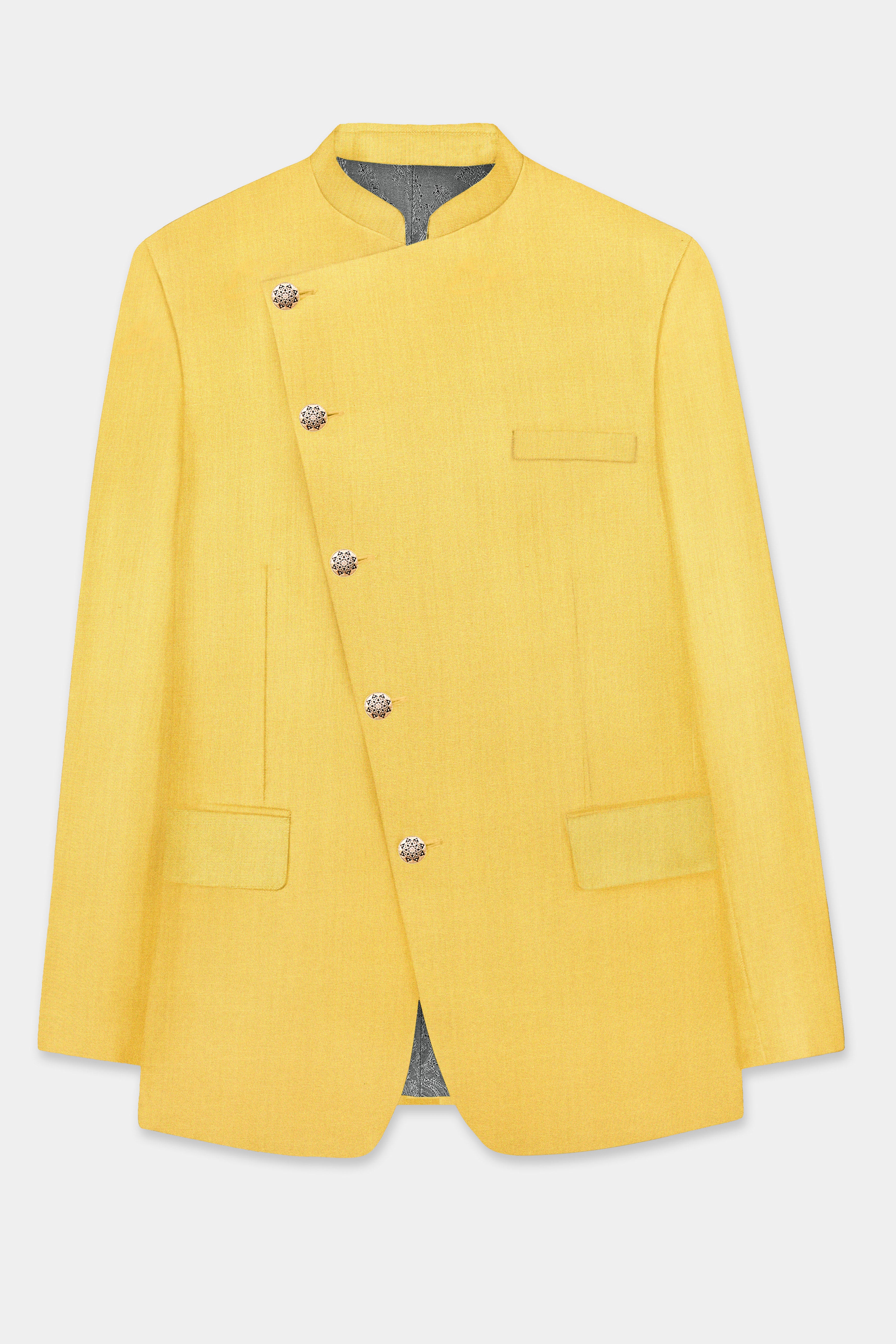 Saffron Elegance-Lemon Yellow Solid Wool Rich Cross Placket Bandhgala Slight Stretch Suit