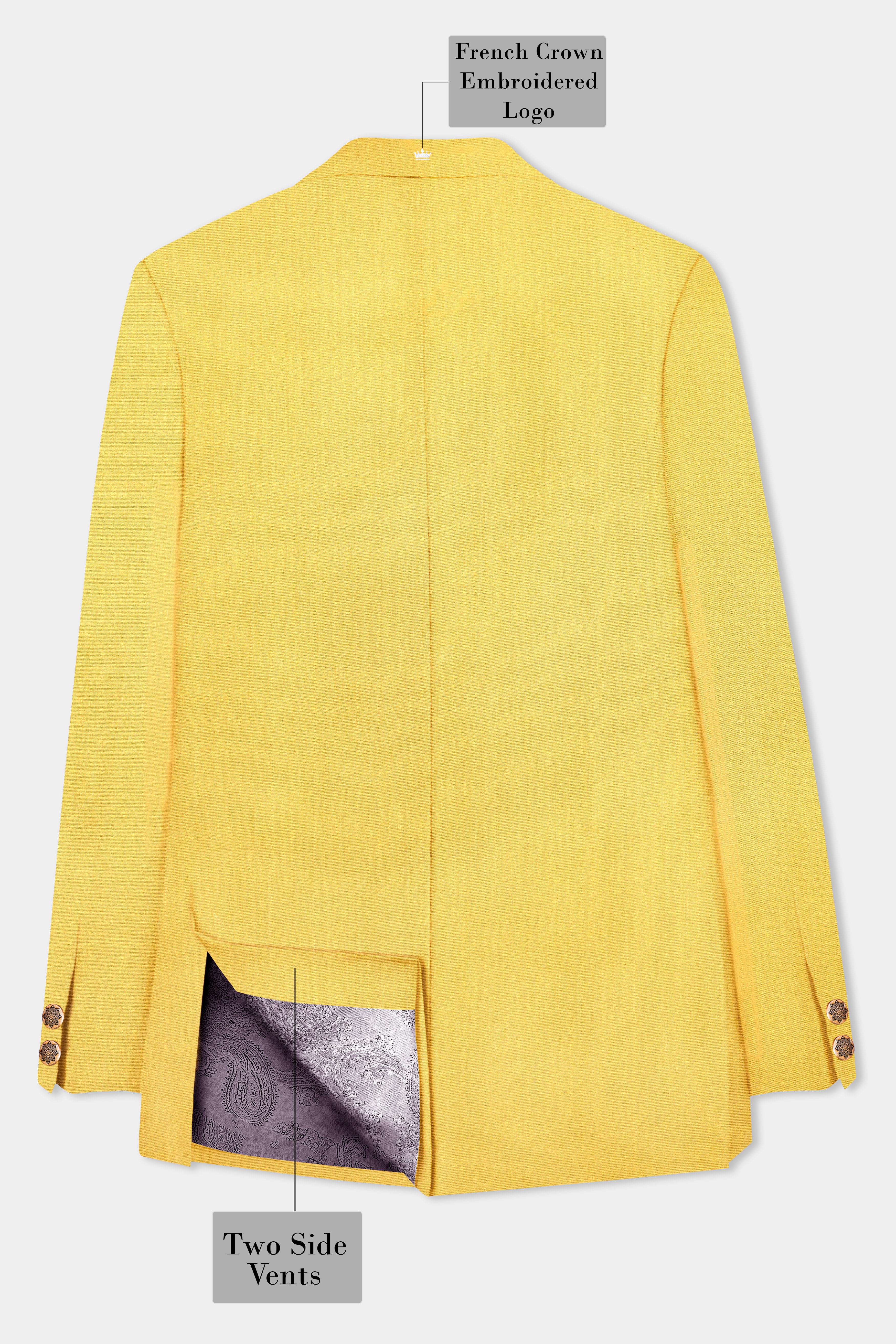 Saffron Elegance-Lemon Yellow Solid Wool Rich Cross Placket Bandhgala Slight Stretch Suit