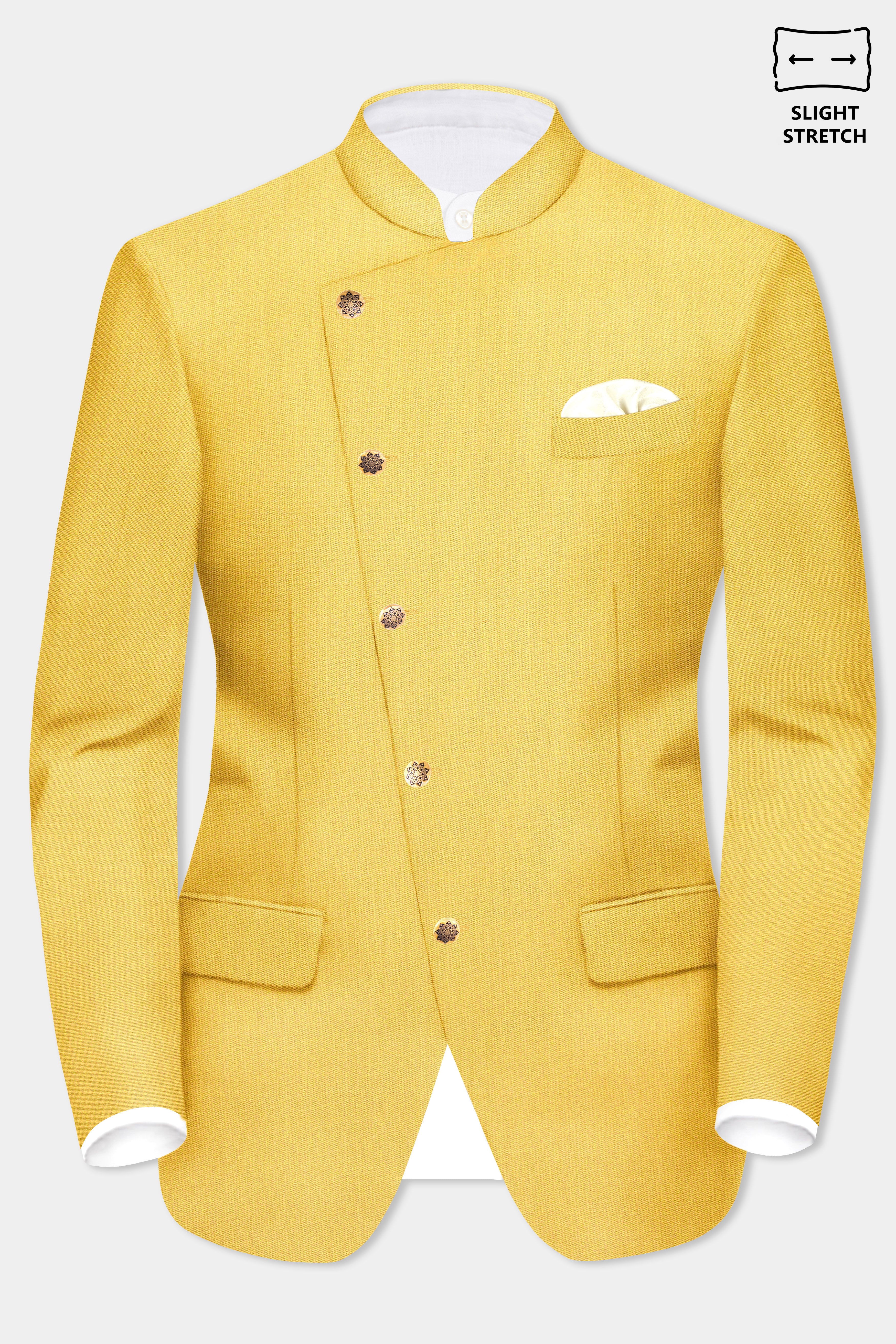 Saffron Elegance-Lemon Yellow Solid Wool Rich Cross Placket Bandhgala Slight Stretch Suit