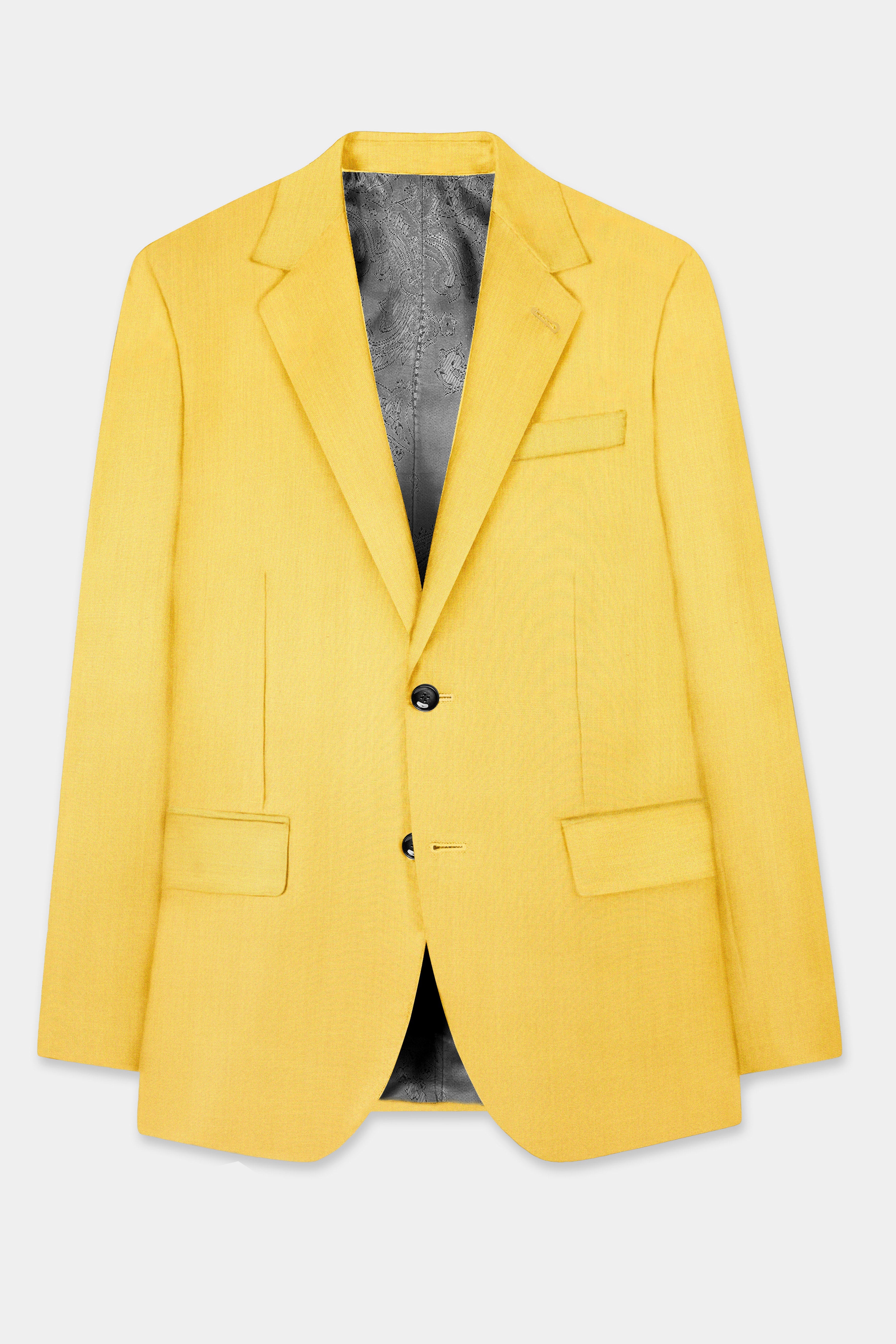 Saffron Elegance-Lemon Yellow Solid Wool Rich Single Breasted Slight Stretch Suit