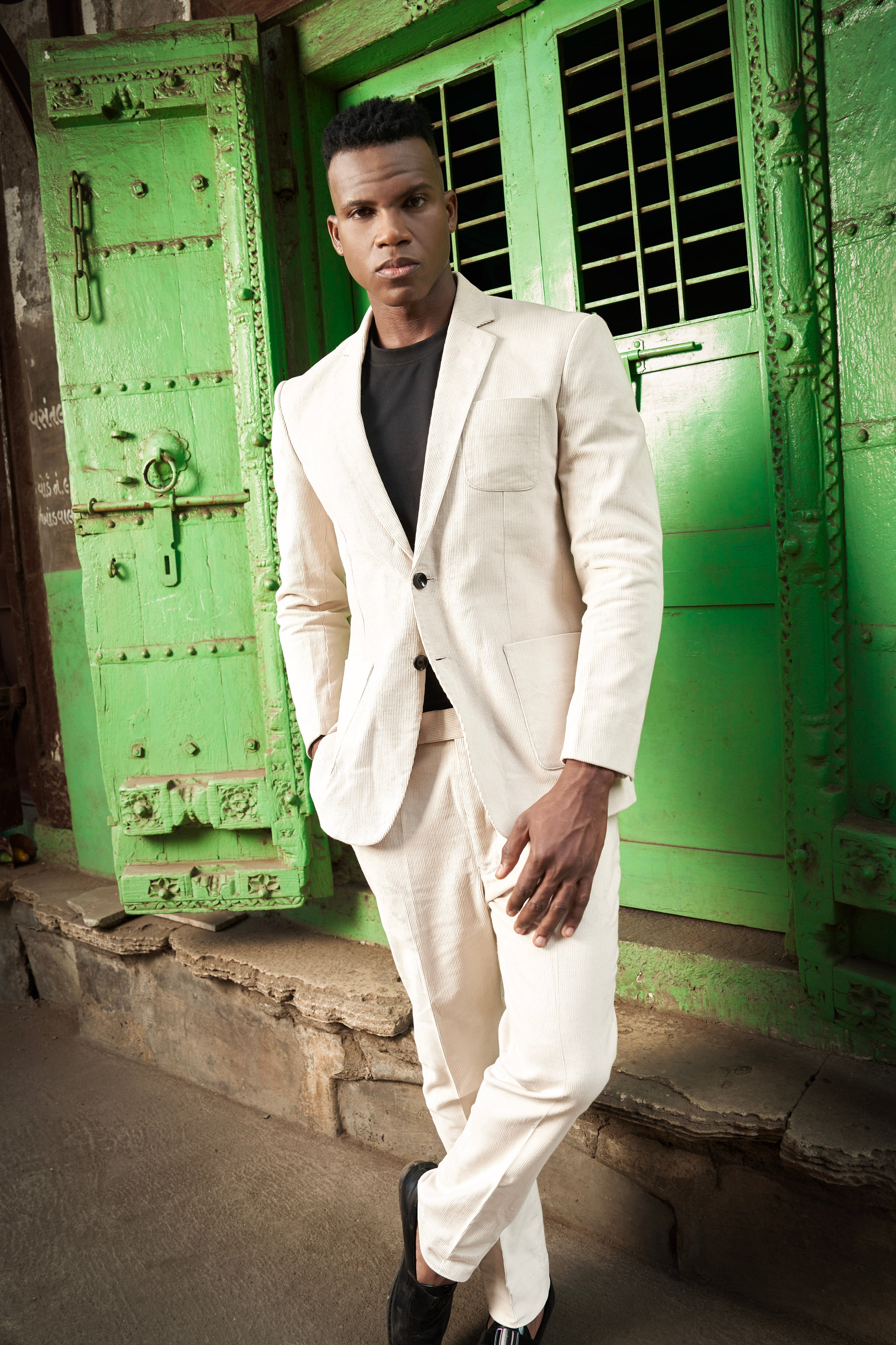 Moonbeam-Moon Mist Cream Textured Corduroy Premium Cotton Single Breasted Sports Suit