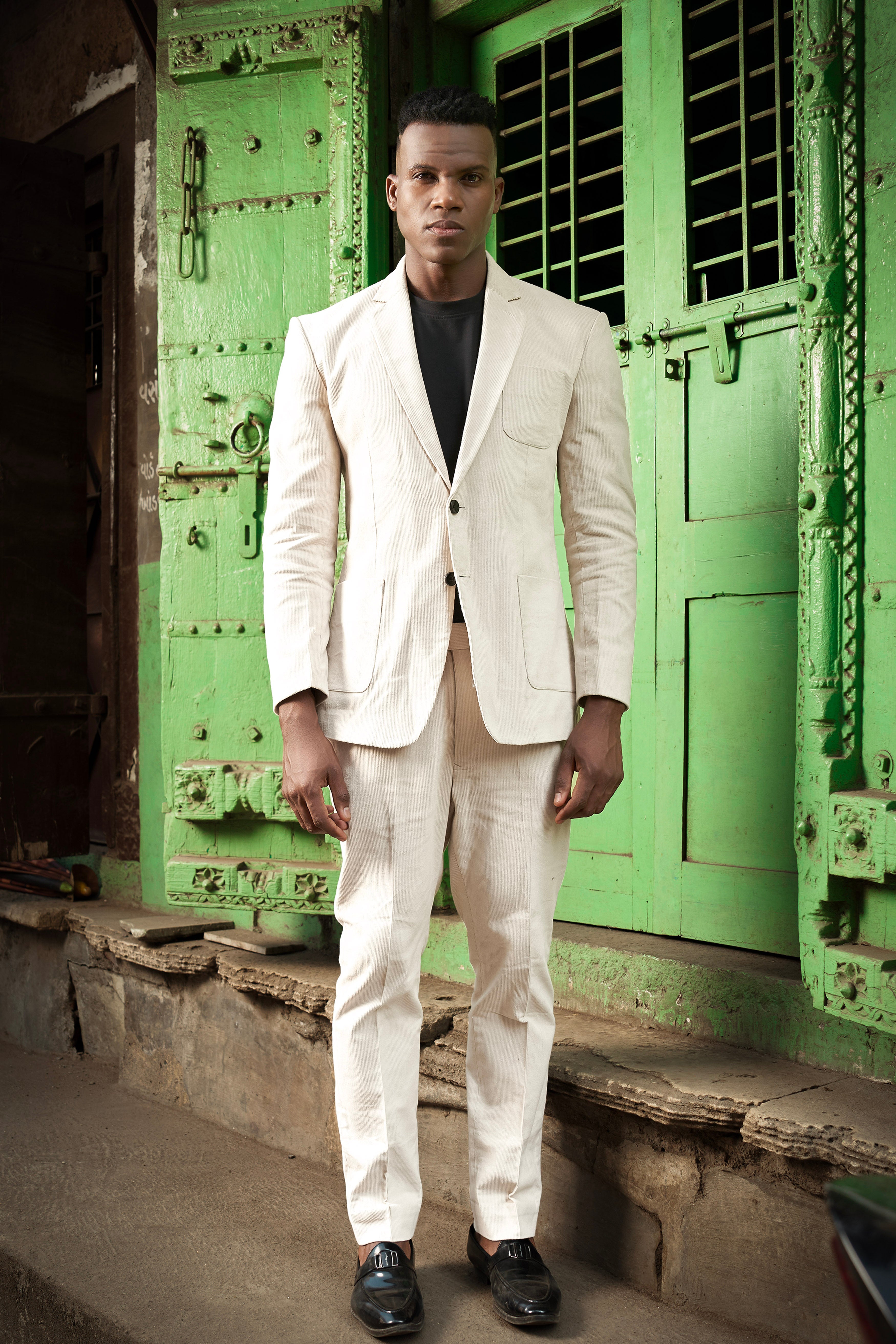 Moonbeam-Moon Mist Cream Textured Corduroy Premium Cotton Single Breasted Sports Suit