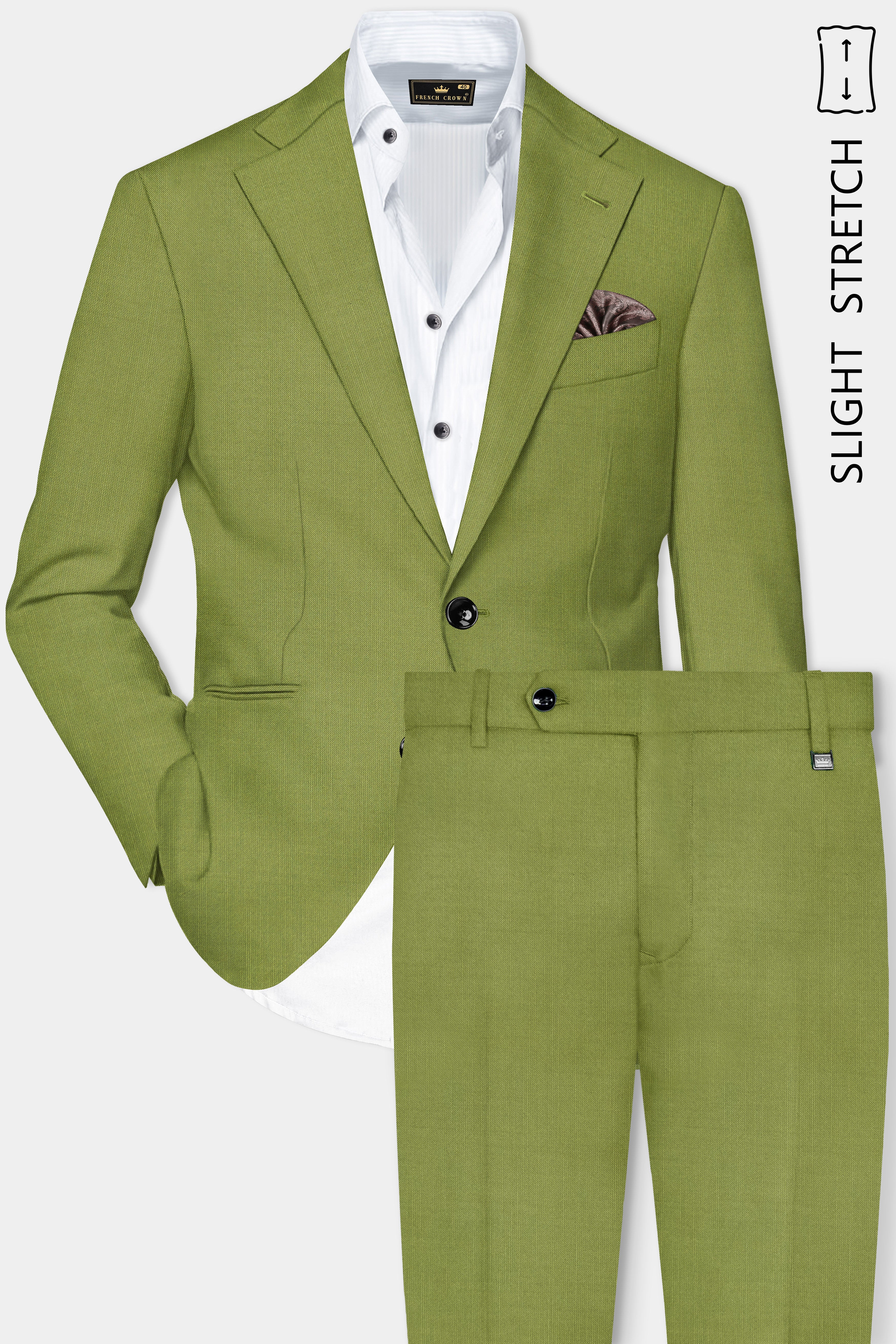 Pistachio-Wasabi Green Solid Wool Rich Single Breasted Slight Stretch Suit