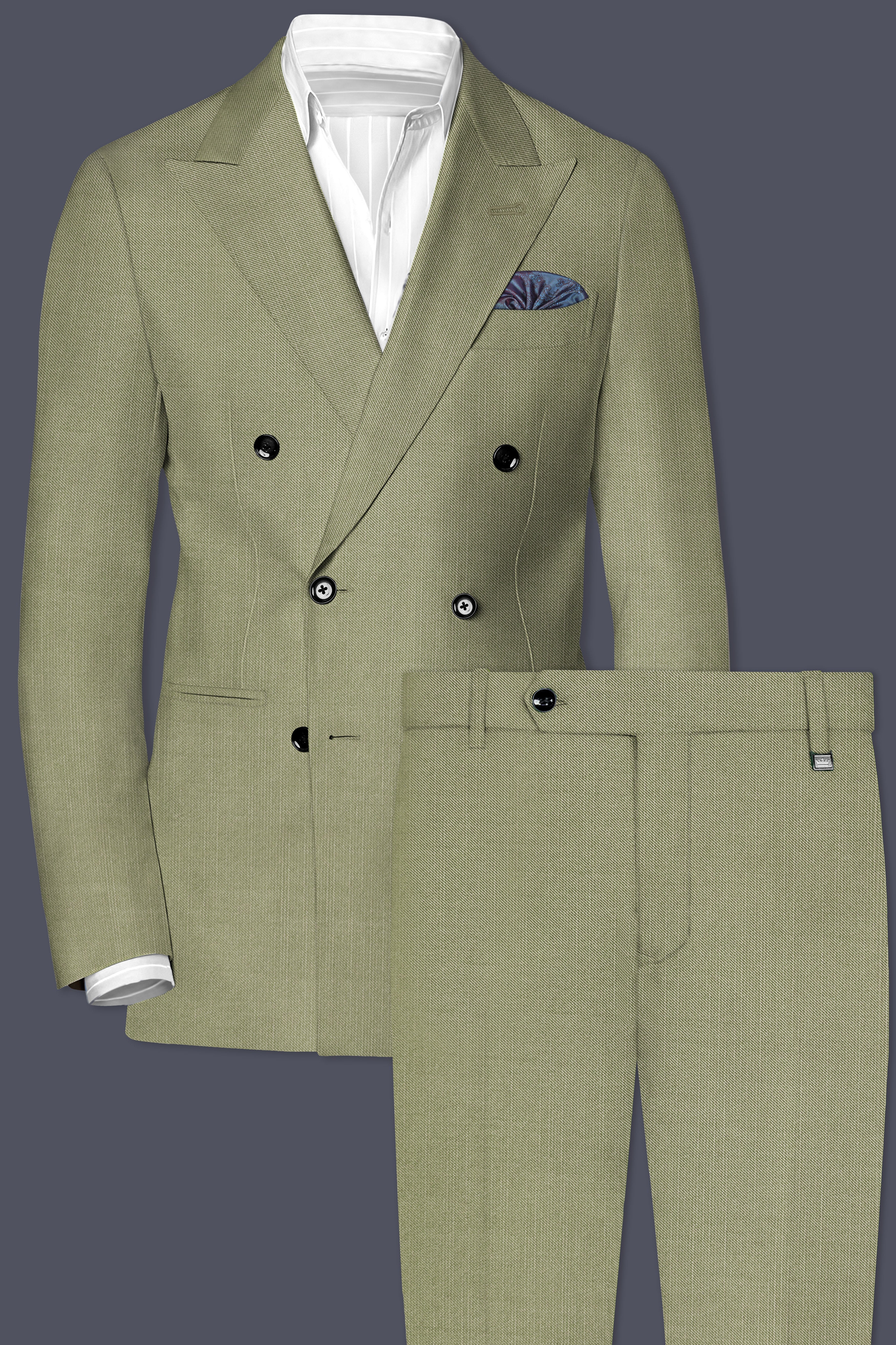 Citron-Lemon Grass Green Solid Wool Rich Double Breasted Slight Stretch Suit