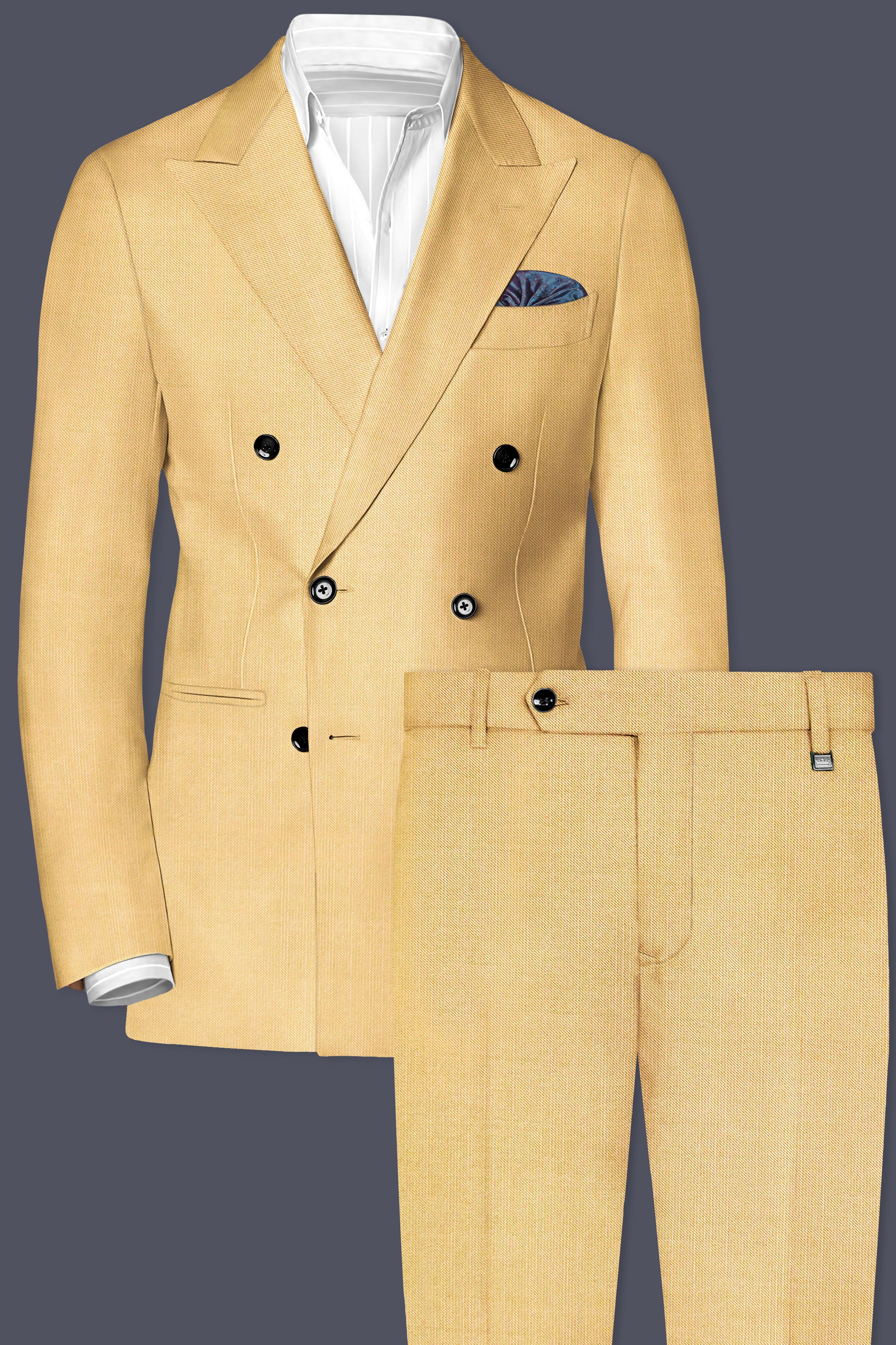 Saffron-Harvest Yellow Solid Wool Rich Double Breasted Slight Stretch Suit