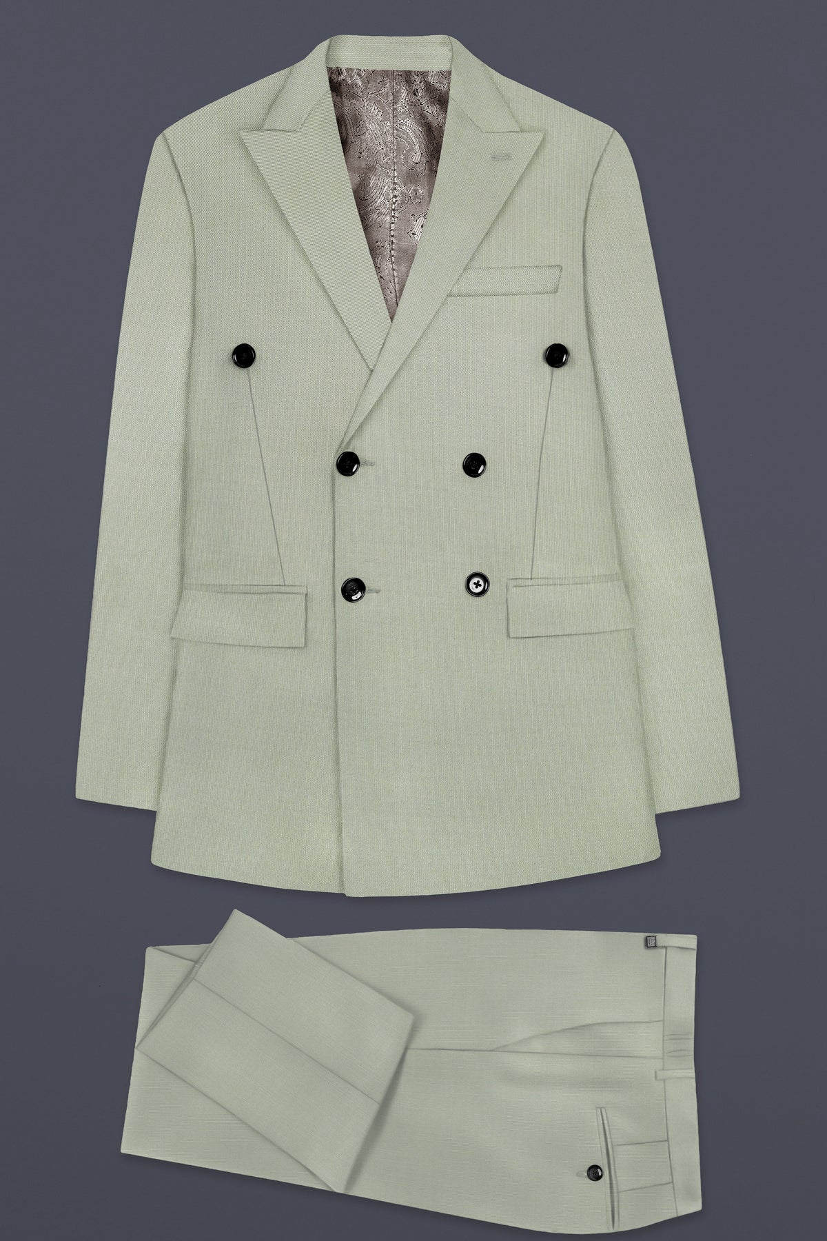 Lichen-Norway Green Solid Wool Rich Double Breasted Slight Stretch Suit
