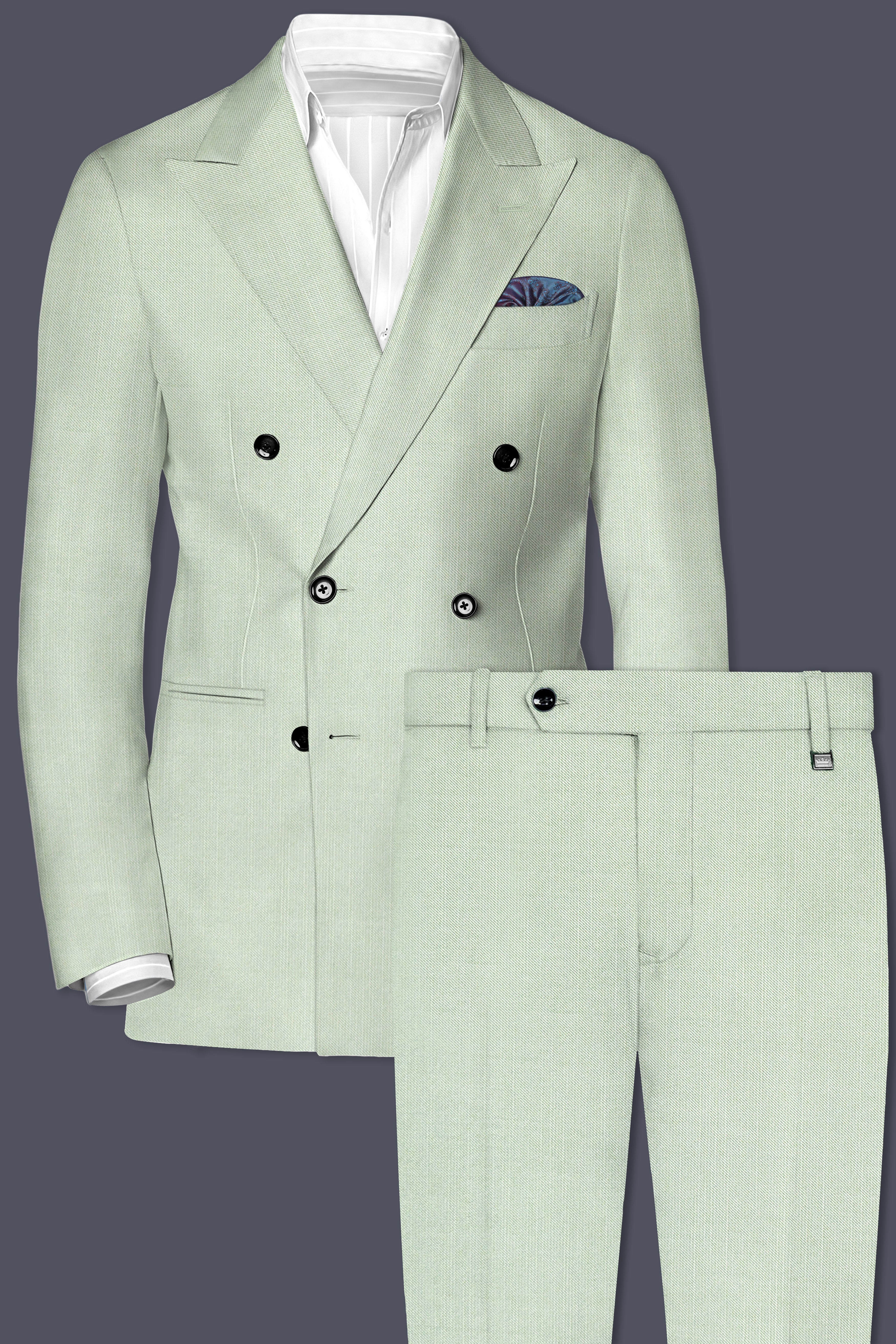 Lichen-Norway Green Solid Wool Rich Double Breasted Slight Stretch Suit