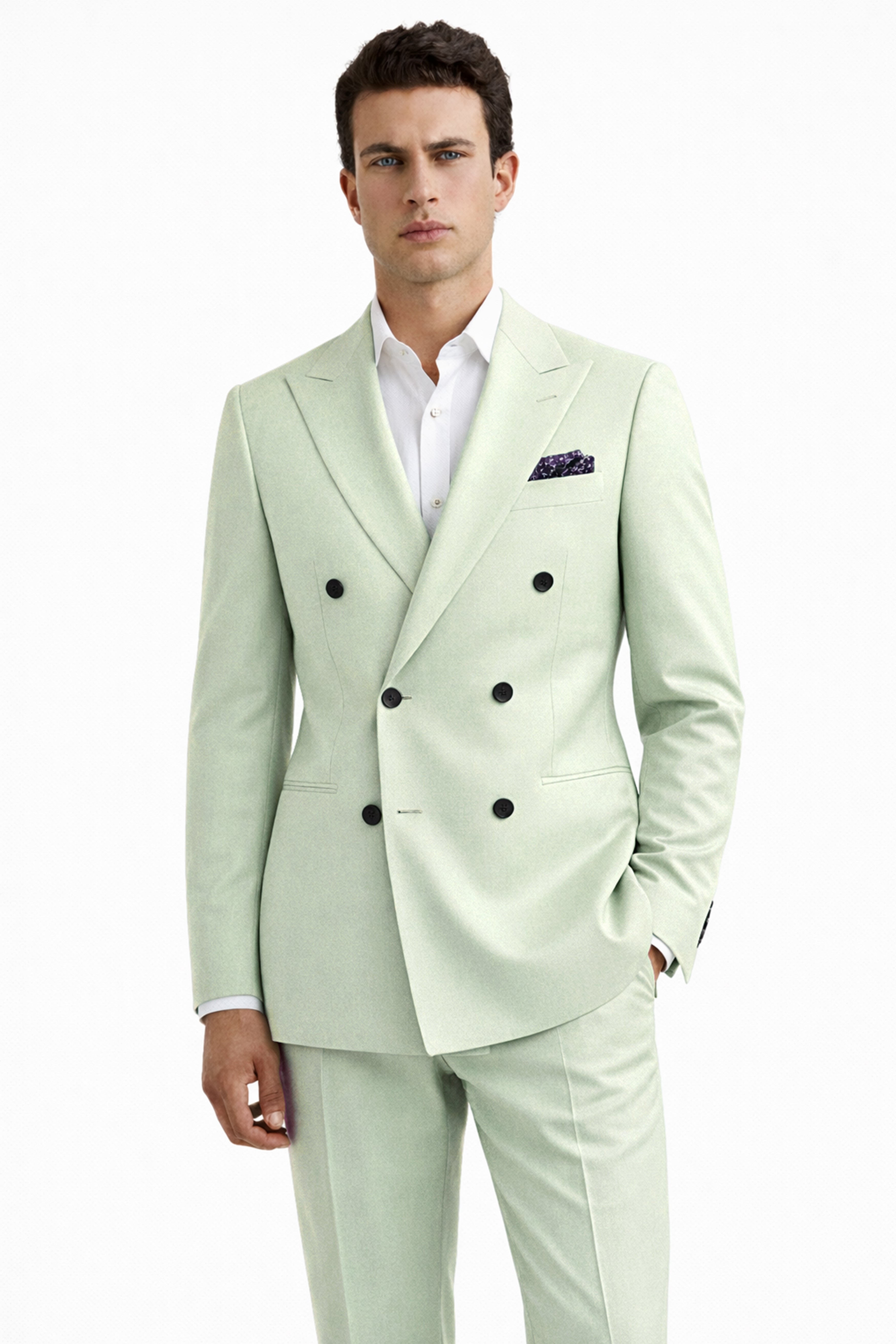 Lichen-Norway Green Solid Wool Rich Double Breasted Slight Stretch Suit