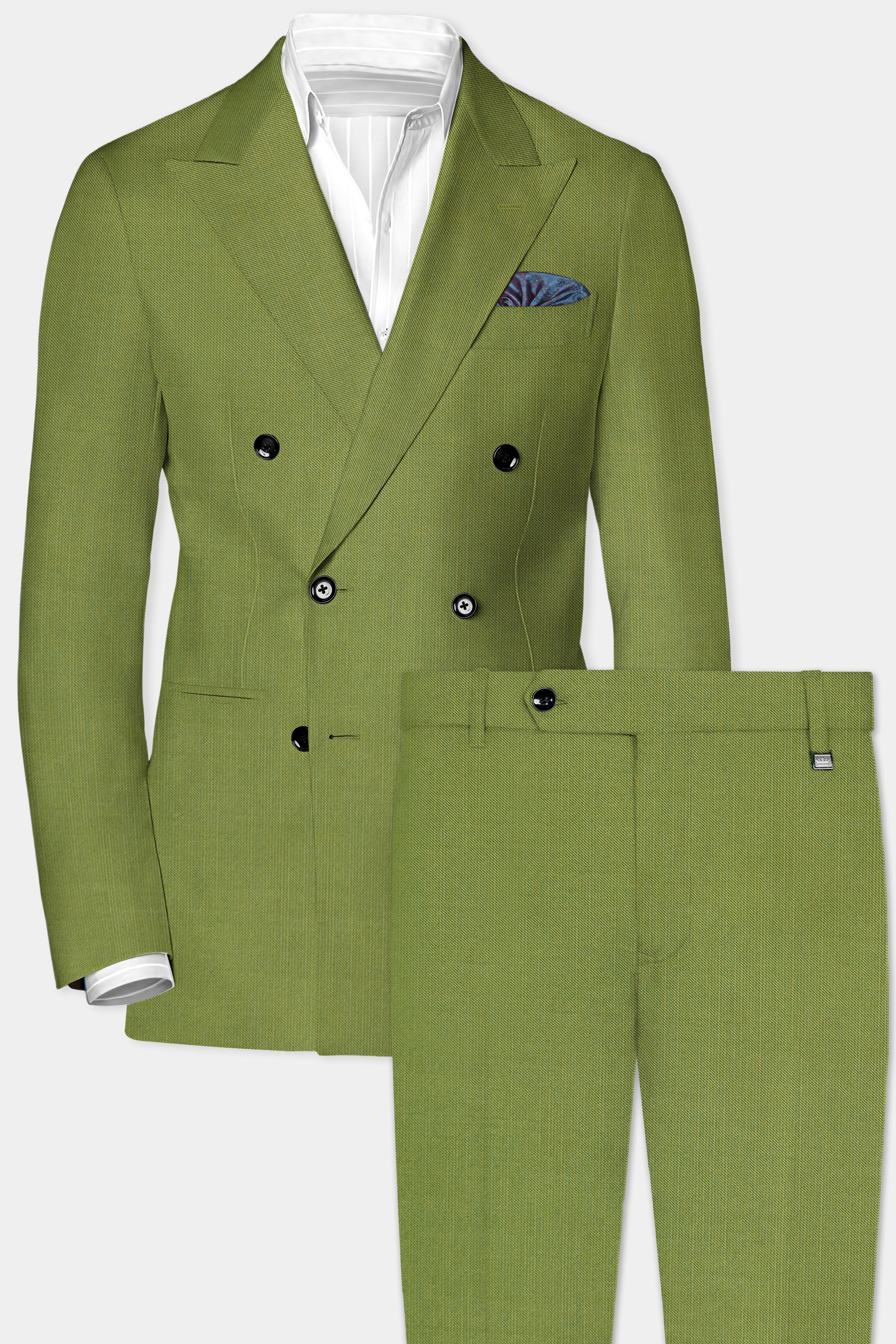 Pistachio-Wasabi Green Solid Wool Rich Double Breasted Slight Stretch Suit